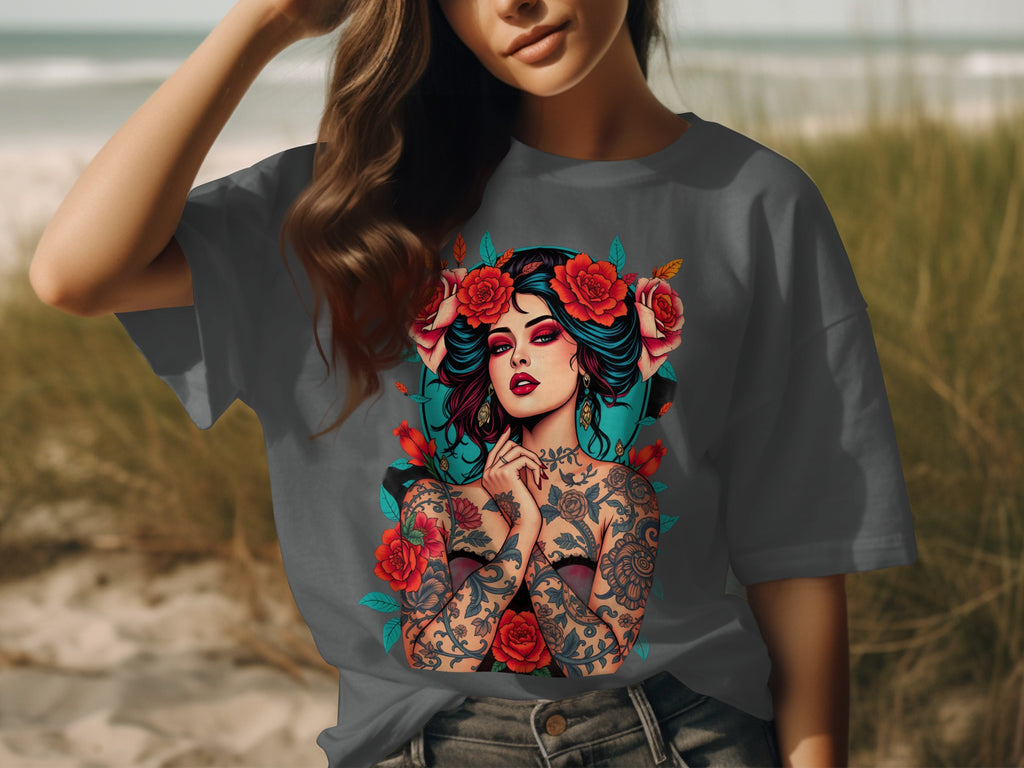 Tattooed Woman with Roses Graphic Tee Shirt