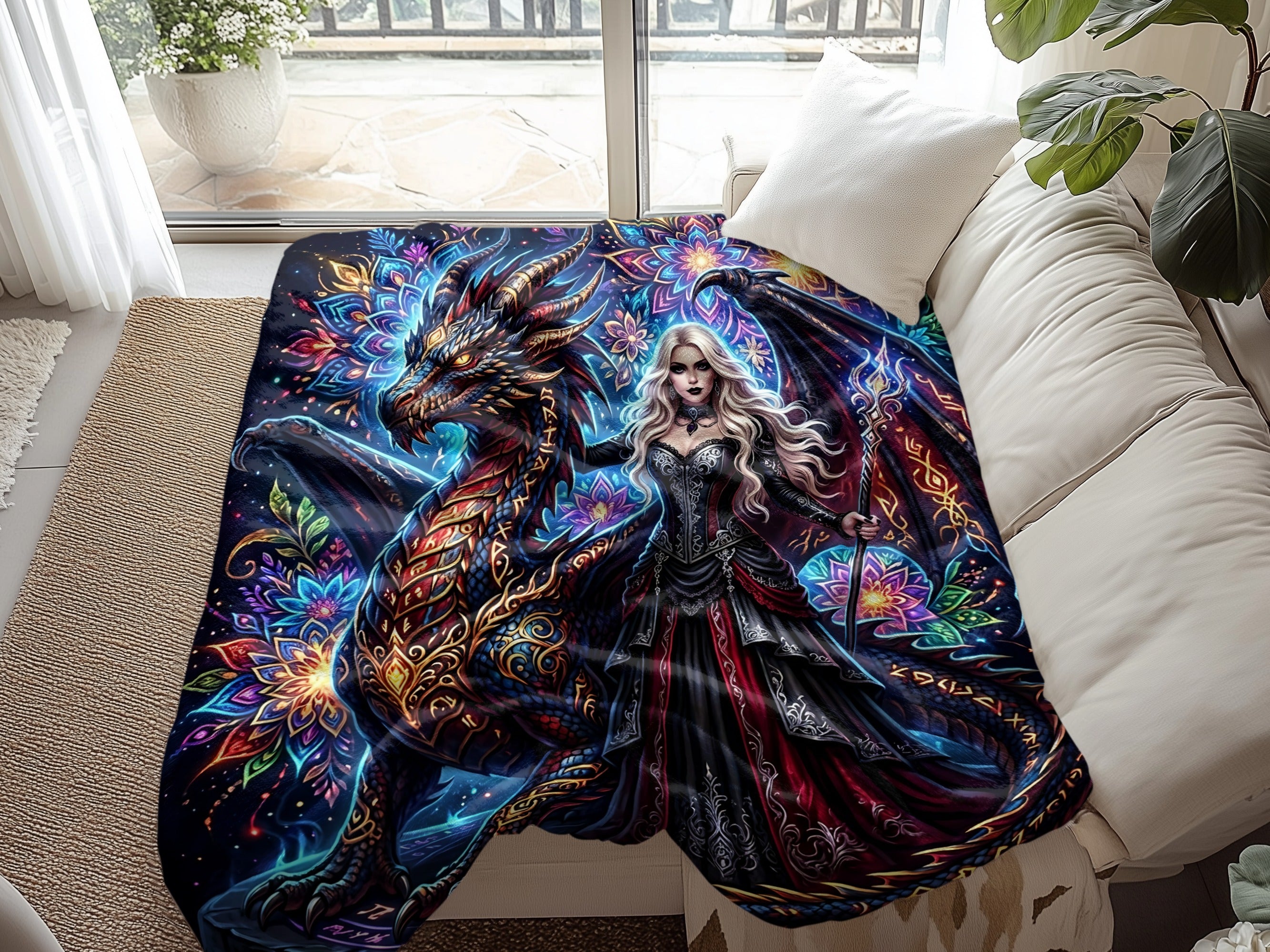 Fantasy dragon and woman in ornate armor on a vibrant, detailed blanket.
