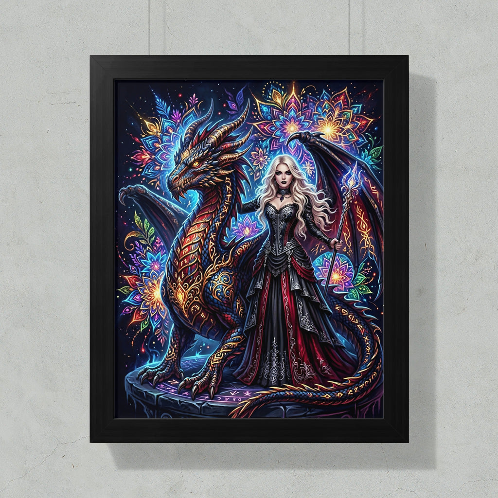 Woman in black and red dress with dragon, colorful floral background.