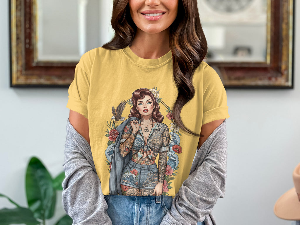 Pinup Style Woman Tattoo Artwork Floral Eagle product type
Pinup, Tattooed Woman, Vintage Style, Retro Graphic, Eagle Art, Floral Design, Ocean Waves, Graphic Tee, Tshirt Print, Unique Artwork, Classic Pinup, Rockabilly Fashion, Alternative Style, Pinup Girl, Artistic Design, Statement Tee, Illustrated Shirt, Tattoo Culture, Fashion Tee, Women's Graphic