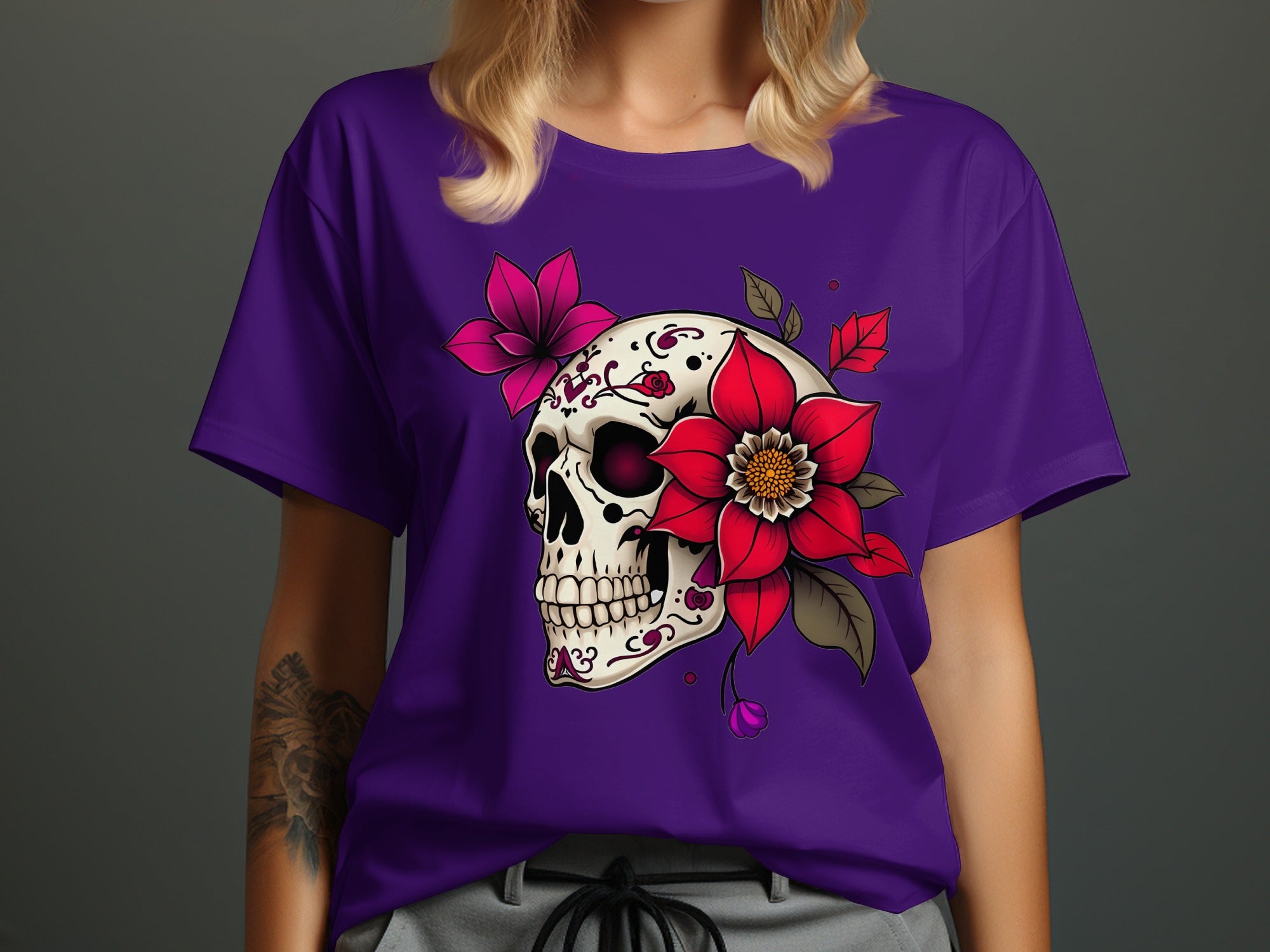 Skull and Flowers Graphic Design T-Shirt