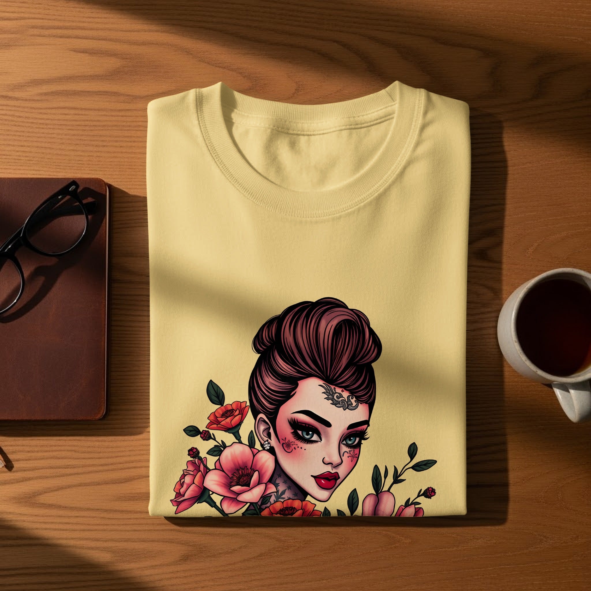 Bold Floral Tattooed Lady Design T-shirt