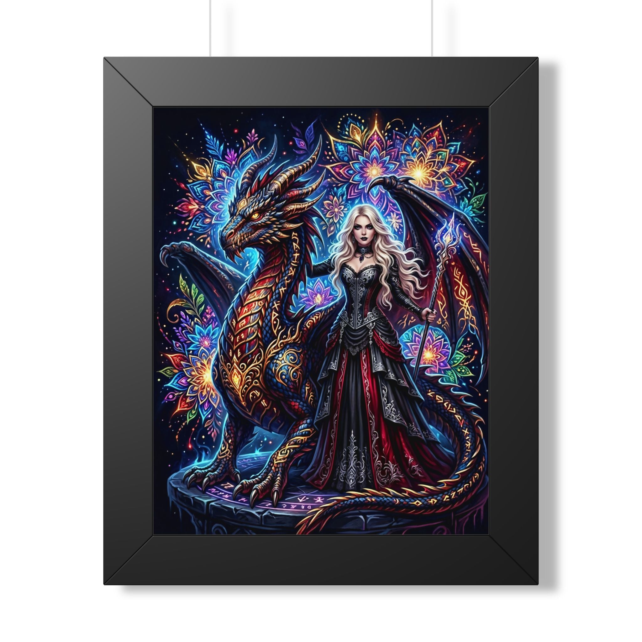 Woman in black and red dress with dragon and colorful mandala background.