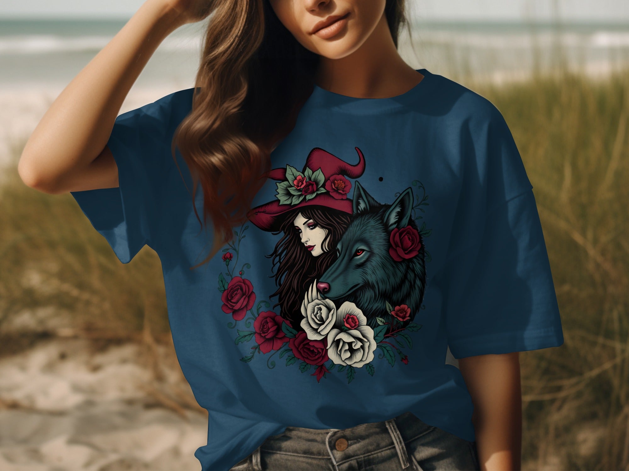 Enchanting Woman with Wolf and Roses T-shirt