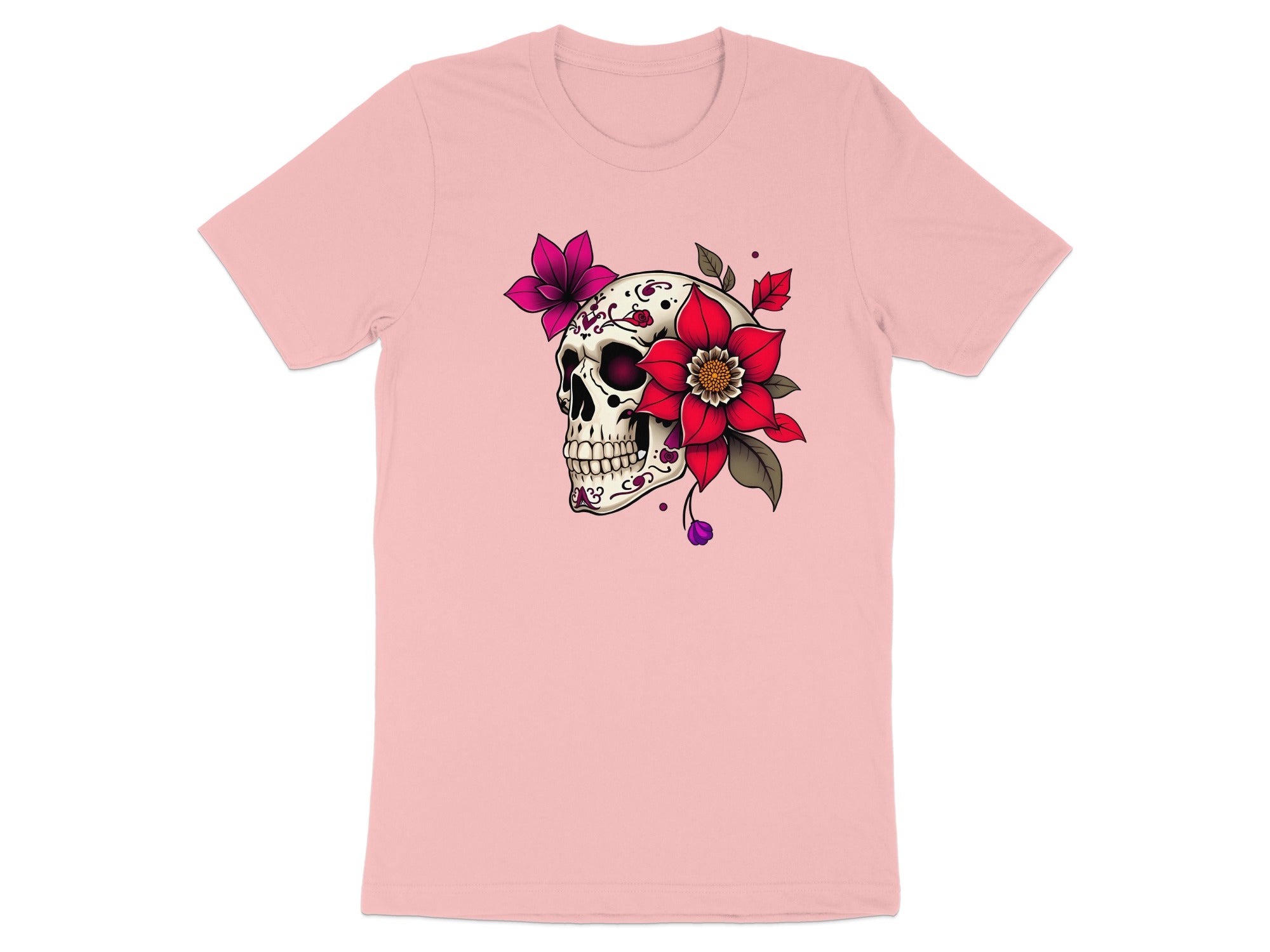 Floral and Skull Graphic Design Pink T-Shirt Product