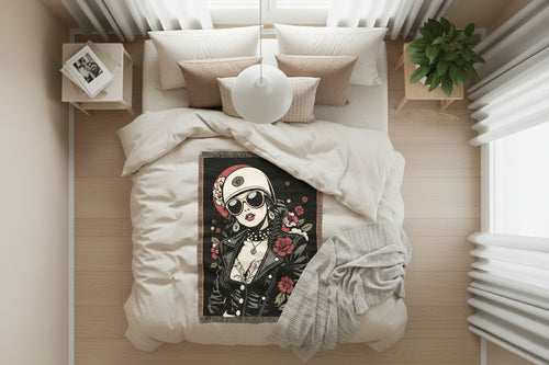 Stylish Retro Biker Girl Illustration Floral Rug Decor