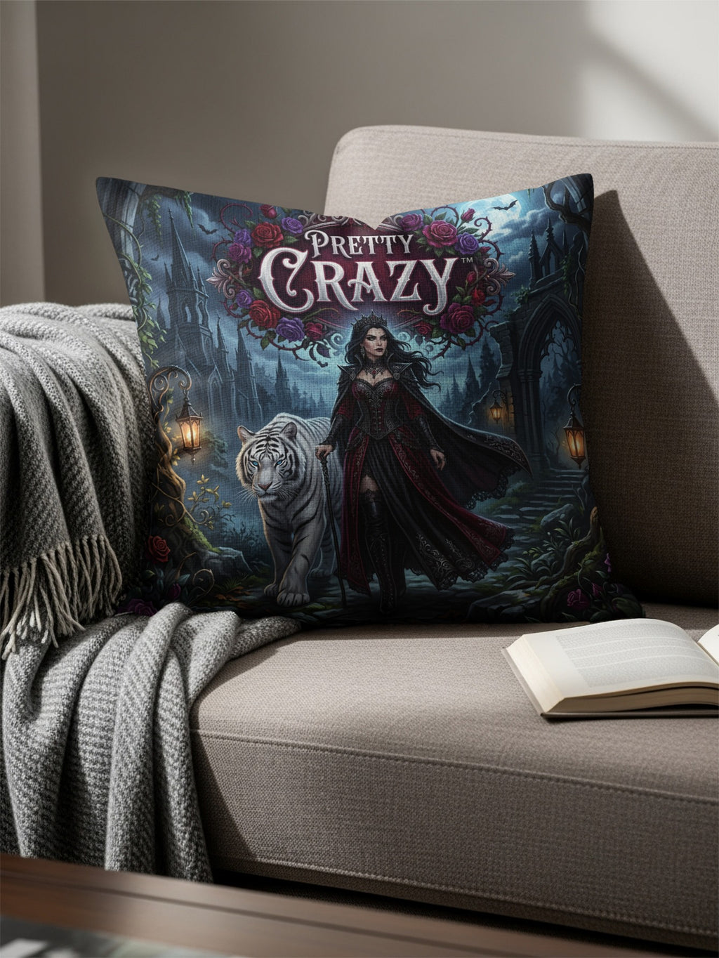 Fantasy art pillow with woman and white tiger in gothic garden setting.