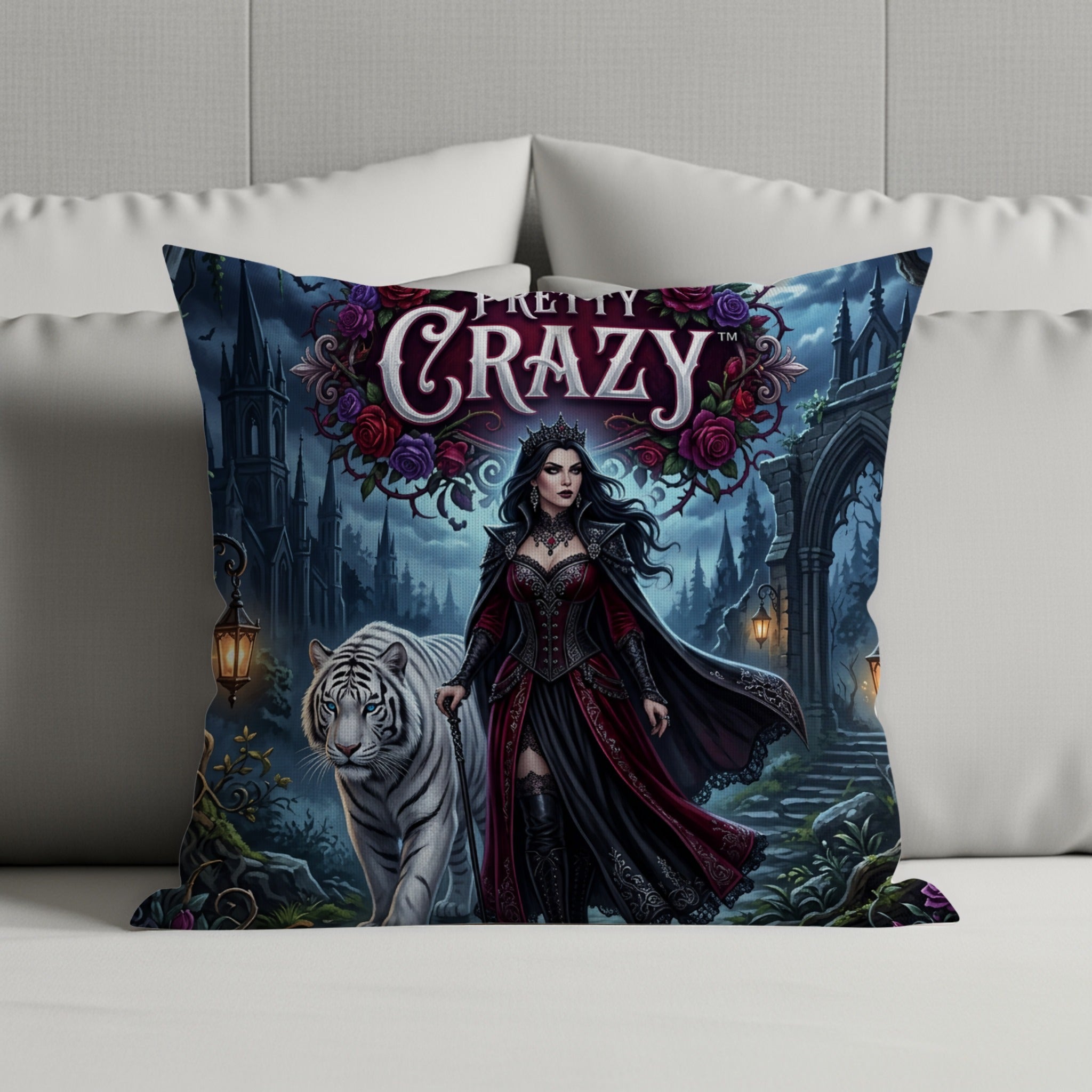 Gothic queen and white tiger in front of dark castle gate.