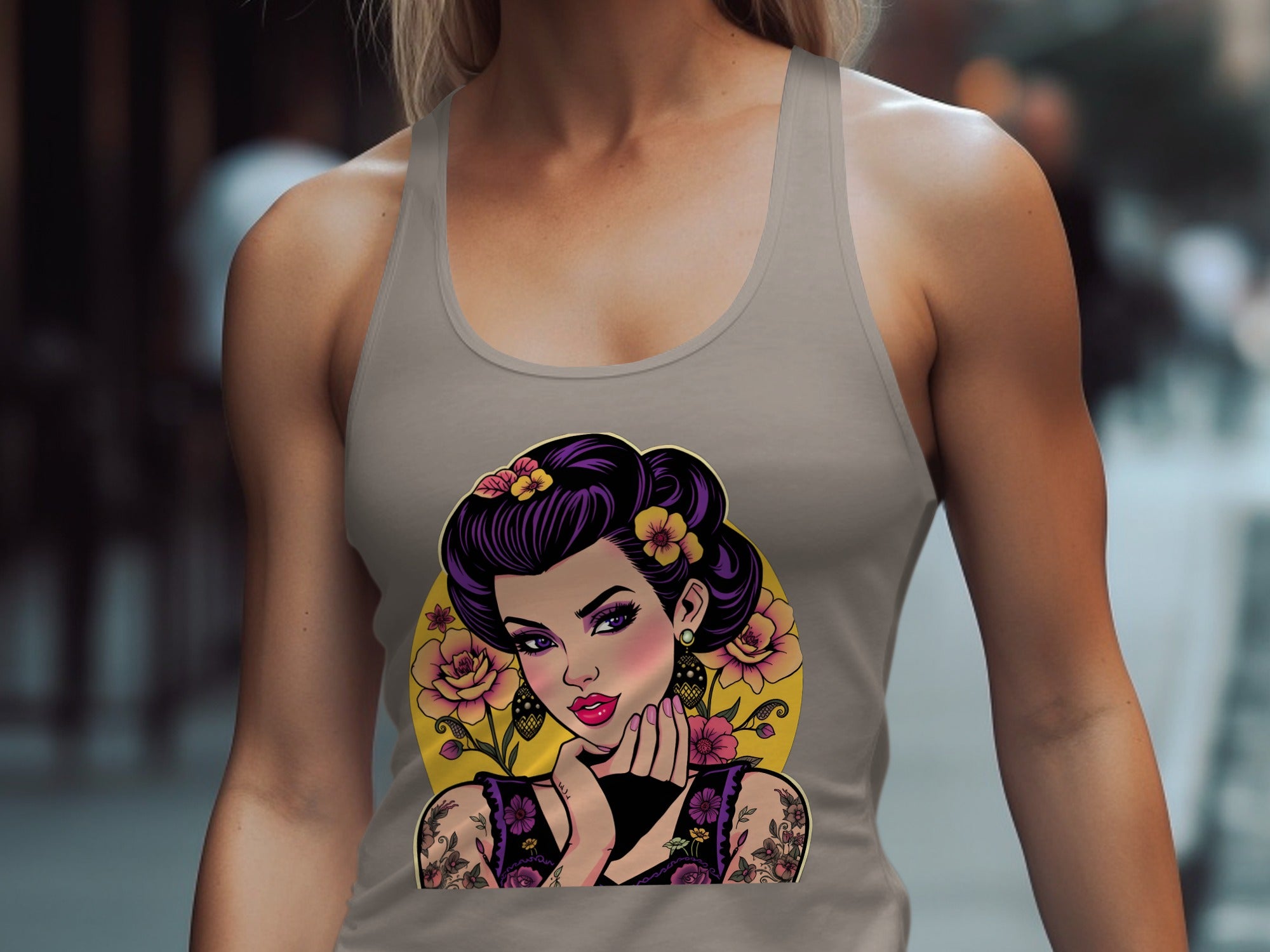 Stylish Racerback Tank Top with Floral Tattoo Art Design