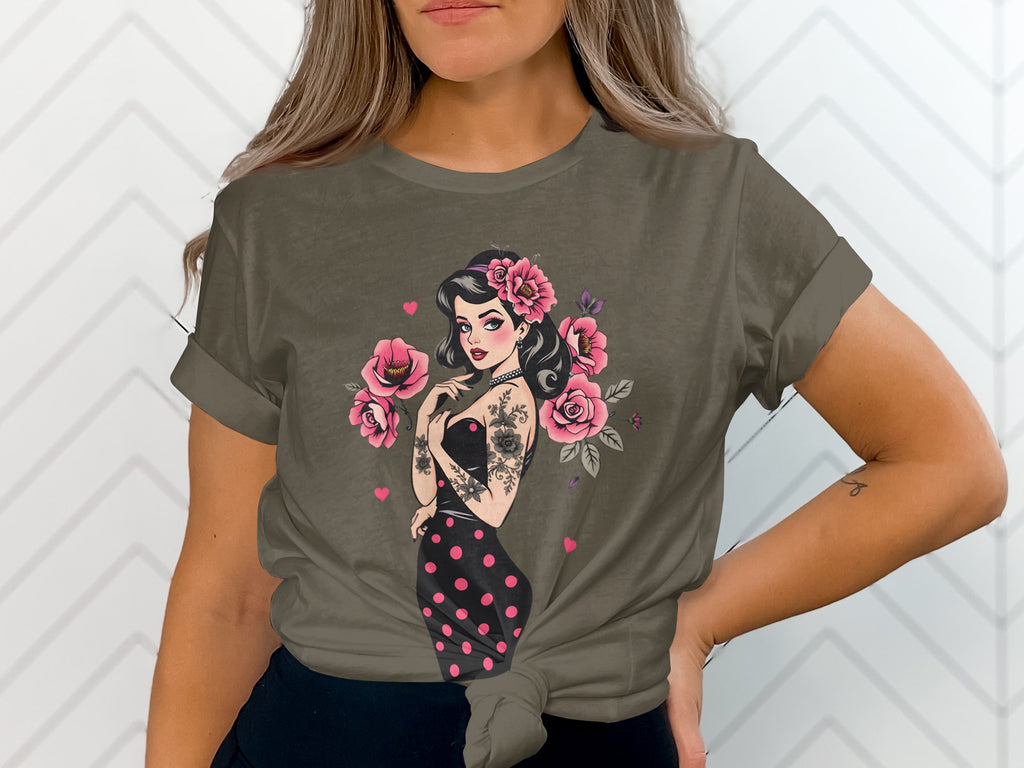 Vintage Tattooed Pin-Up Girl with Roses Graphic Tee