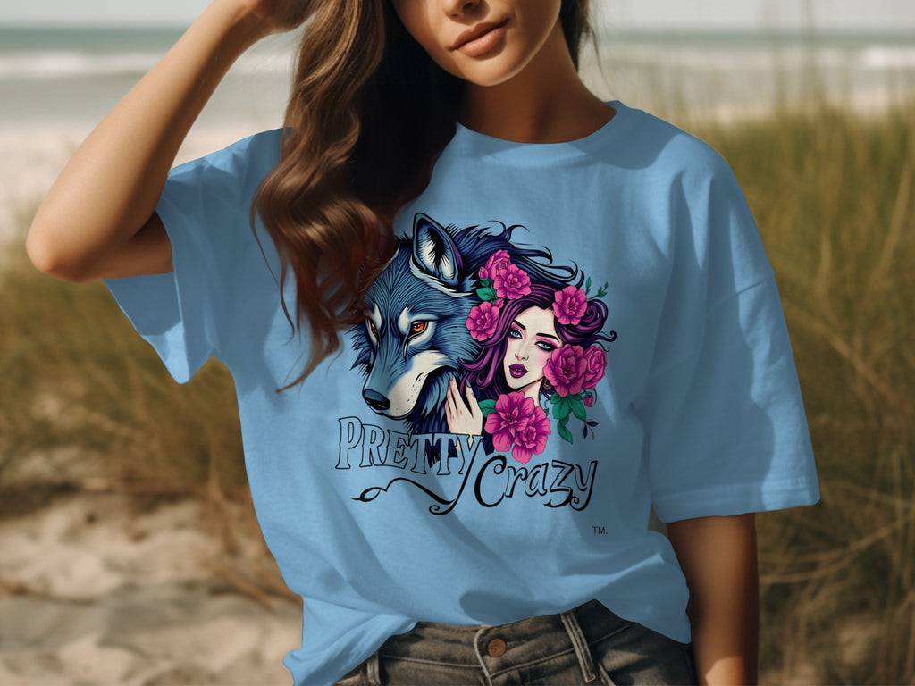 Pretty Crazy Wolf Woman Floral Design Blue product type
Blue tee, Wolf design, Woman graphic, Floral print, Pretty Crazy, Animal shirt, Fantasy art, Nature theme, Unique apparel, Graphic t-shirt, Pink flowers, Purple hair, Cool design, Statement top, Artistic tee, Beach style, Casual shirt, Trendy fashion, Light blue top, Beast beauty