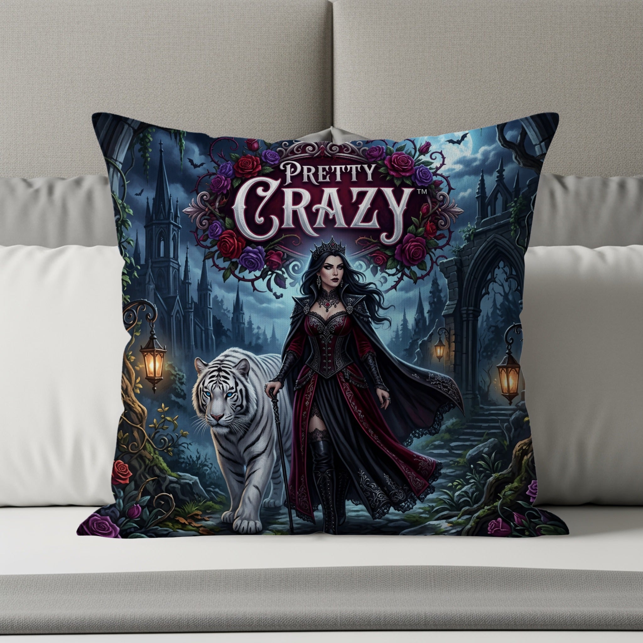 Gothic woman with white tiger in front of dark castle, "Pretty Crazy" title.