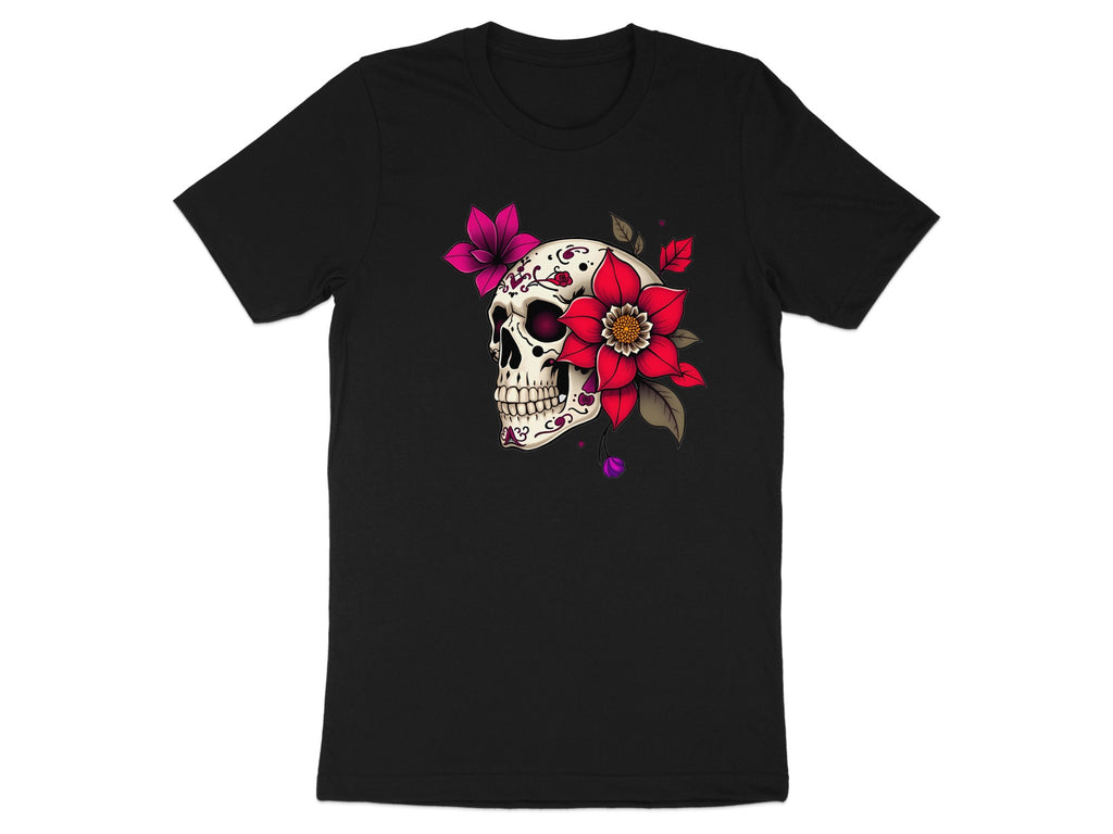 Vibrant Floral Skull Graphic Design Printed T-Shirt