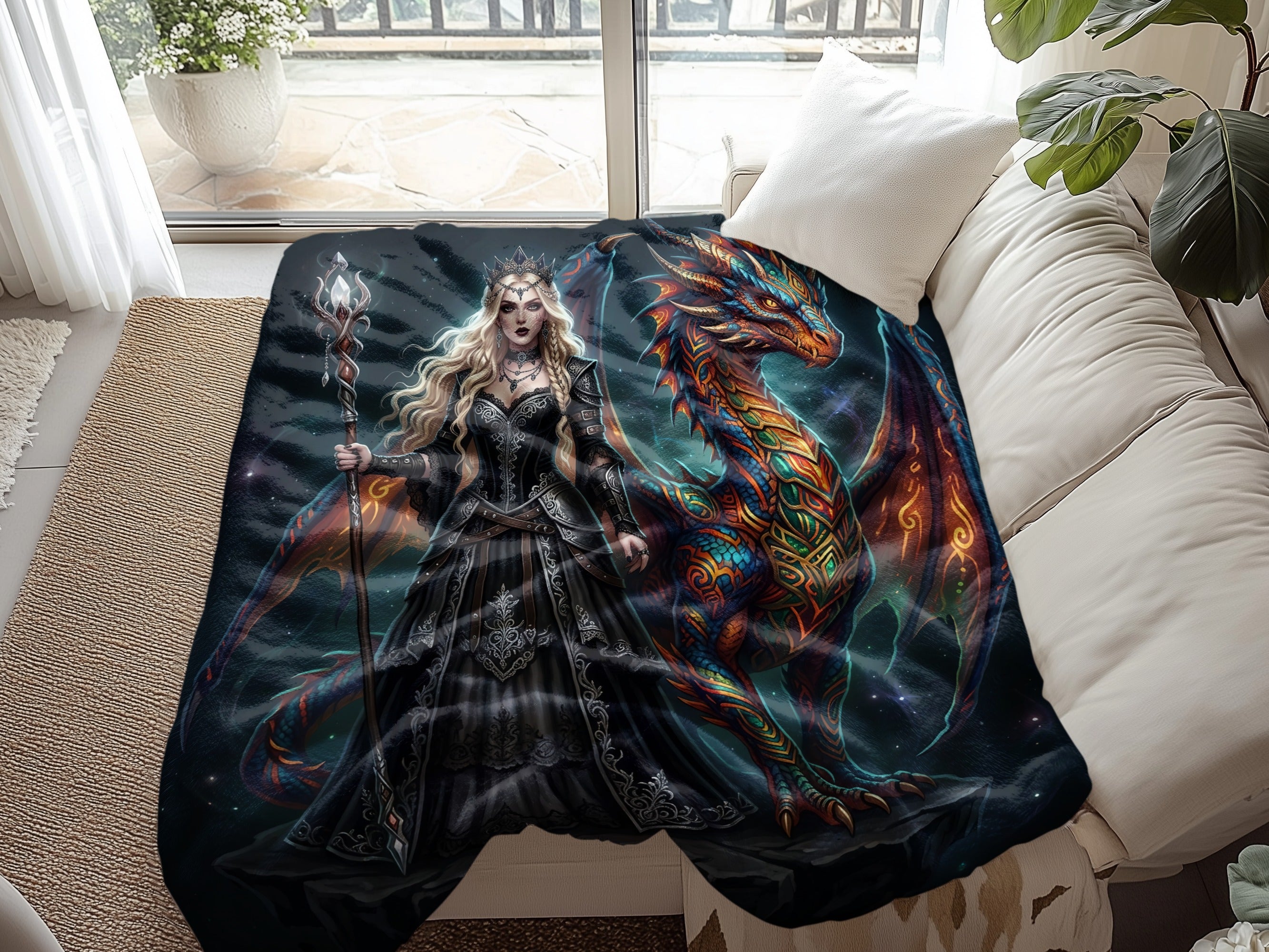 Queen in dark gown with staff beside a colorful dragon on a blanket.