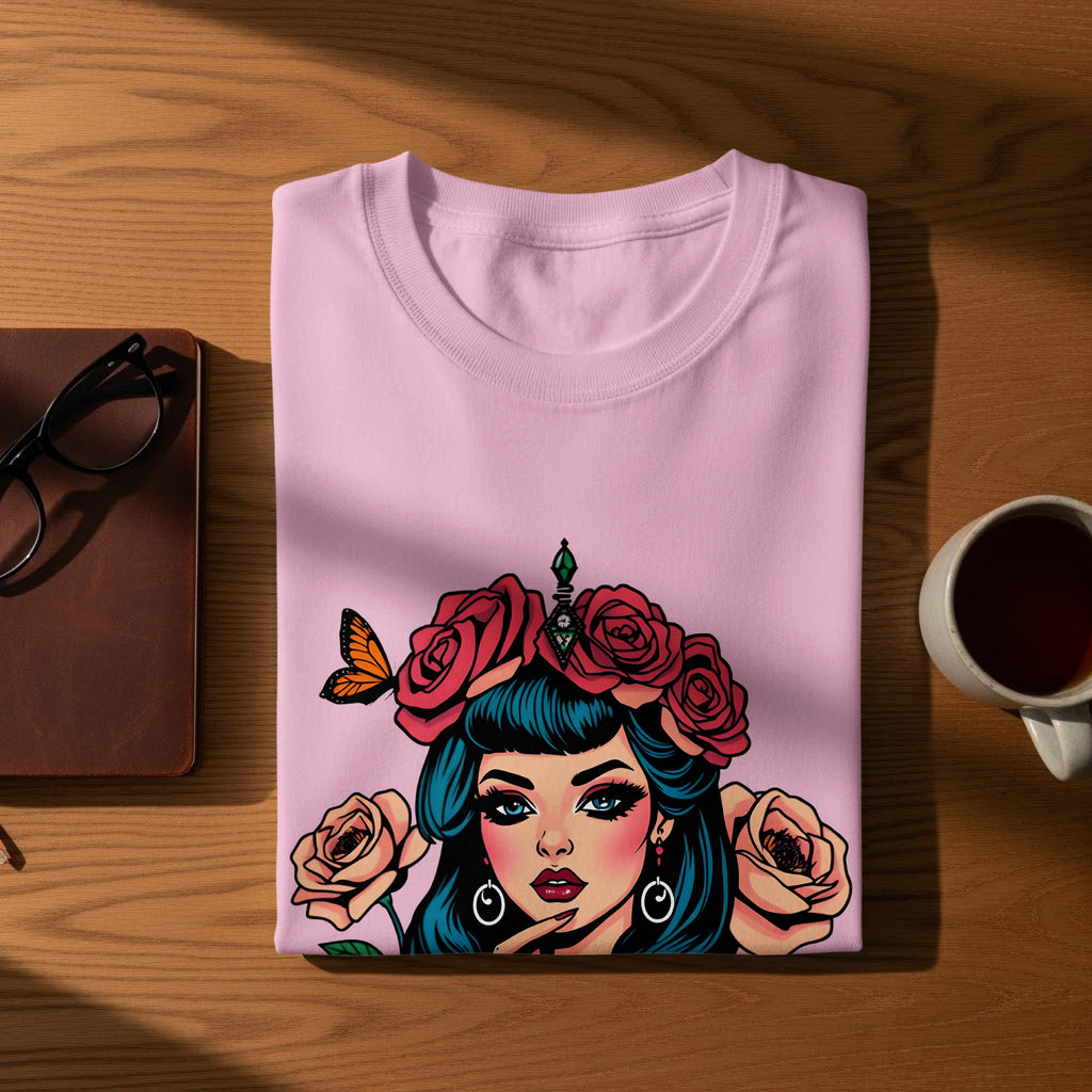 Vibrant Floral and Butterfly Design Graphic T-Shirt