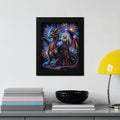 Woman in ornate dress with dragon, framed fantasy art with mandala background.