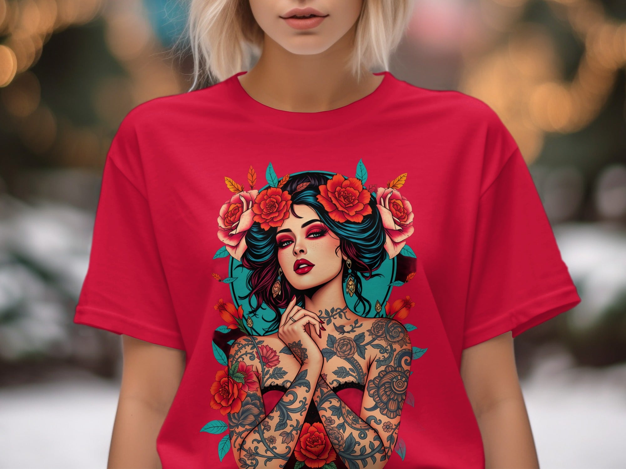 Vibrant Tattooed Beauty with Flowers Graphic T-shirt