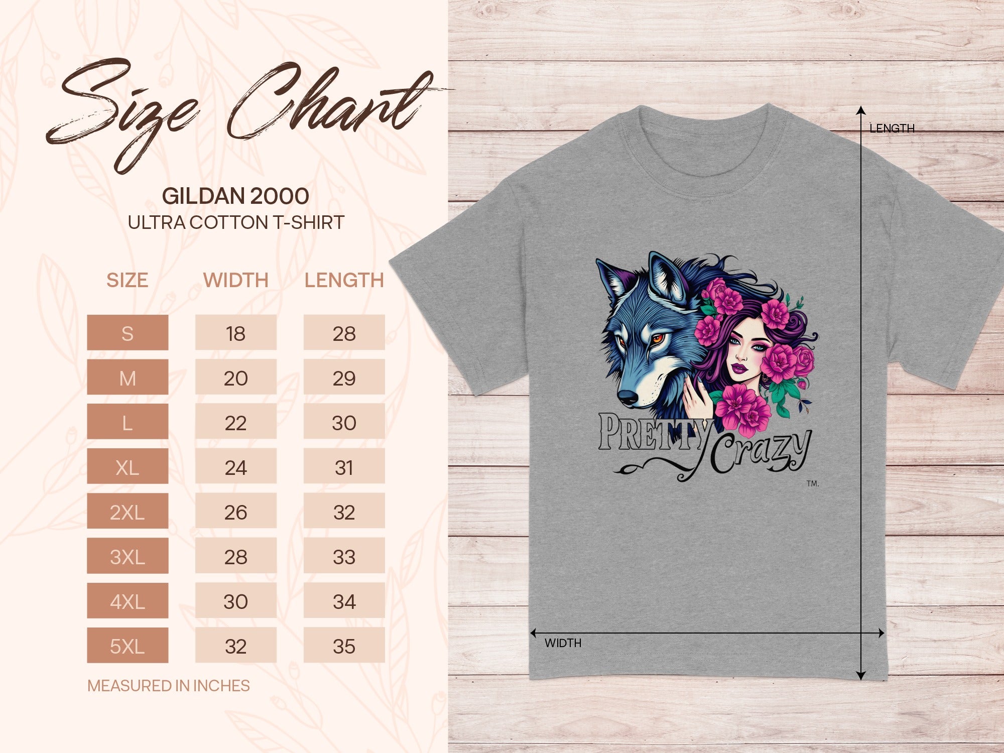 PRETTY Crazy Wolf Woman GILDAN 2000 T-SHIRT product type
Wolf
Woman
Floral
Pretty Crazy
GILDAN 2000
T-shirt
Apparel
Graphic tee
Animal art
Fantasy
Mythical
Boho
Nature
Wild animal
Female portrait
Flower design
Custom tee
Unique print
Fashion top
Casual wear