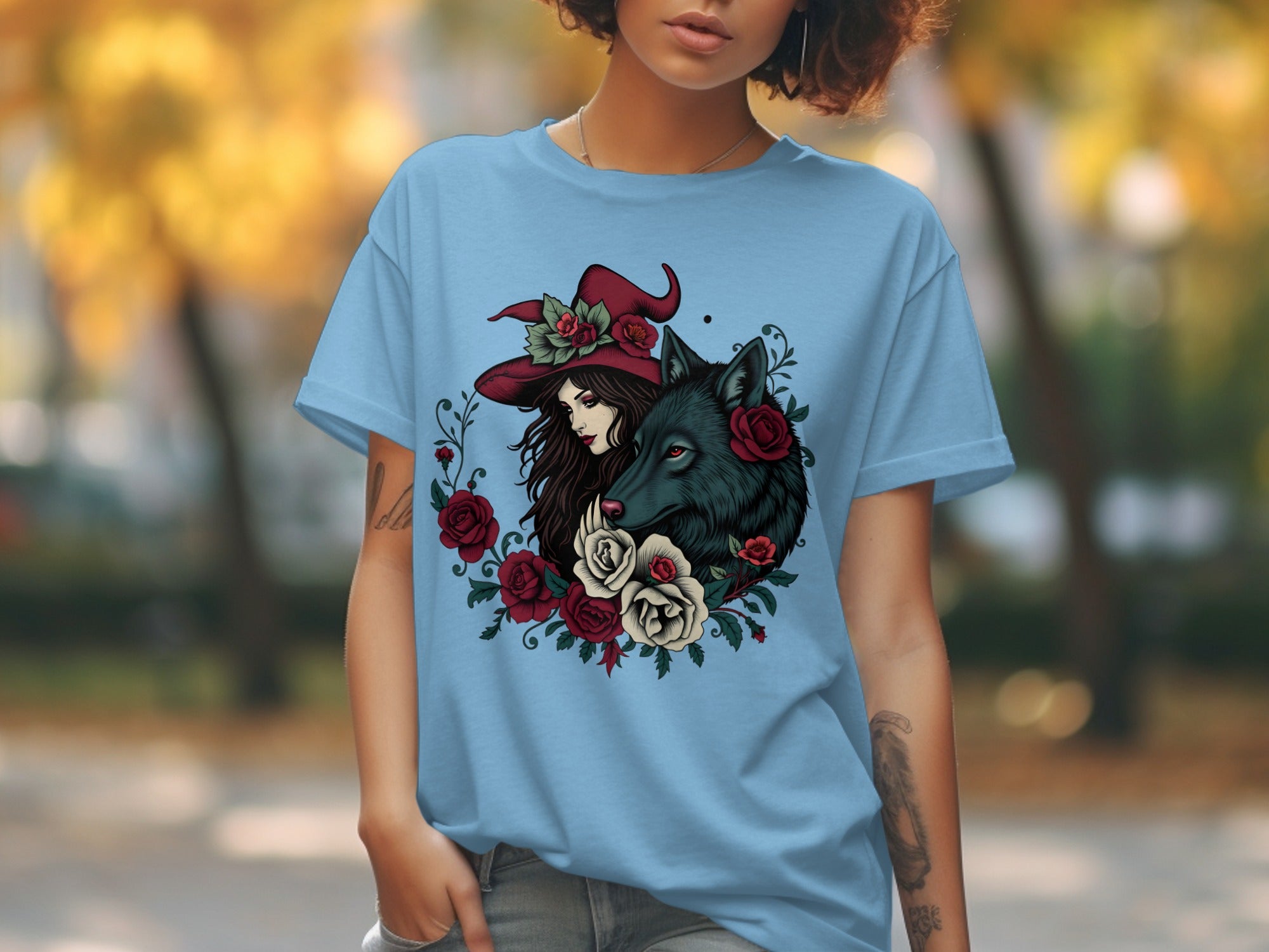 Enchanting Witch and Wolf Graphic Tee Shirt