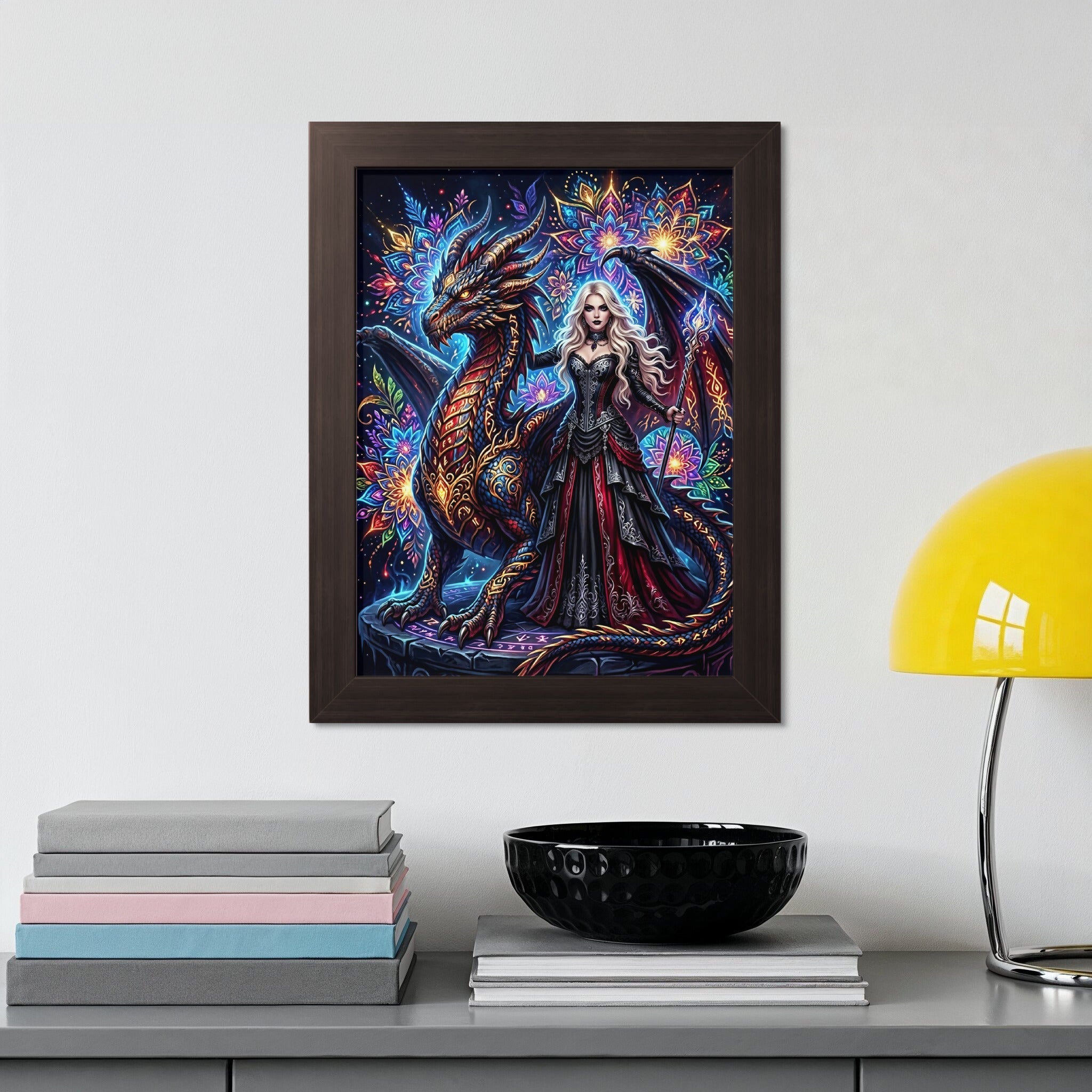 Woman with dragon stands before intricate colorful mandala.