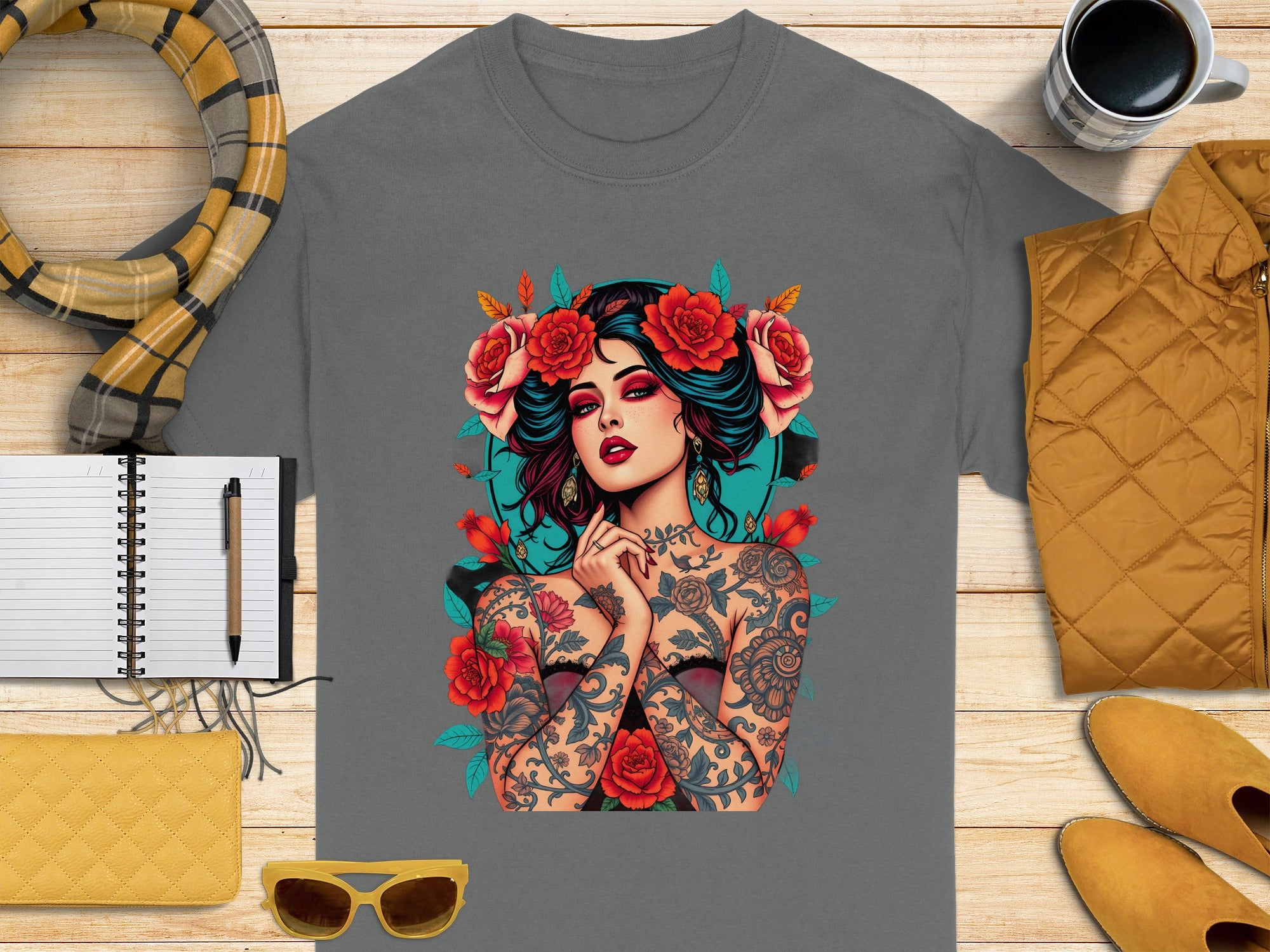 Floral Tattooed Woman Graphic Tee for Trendy Looks