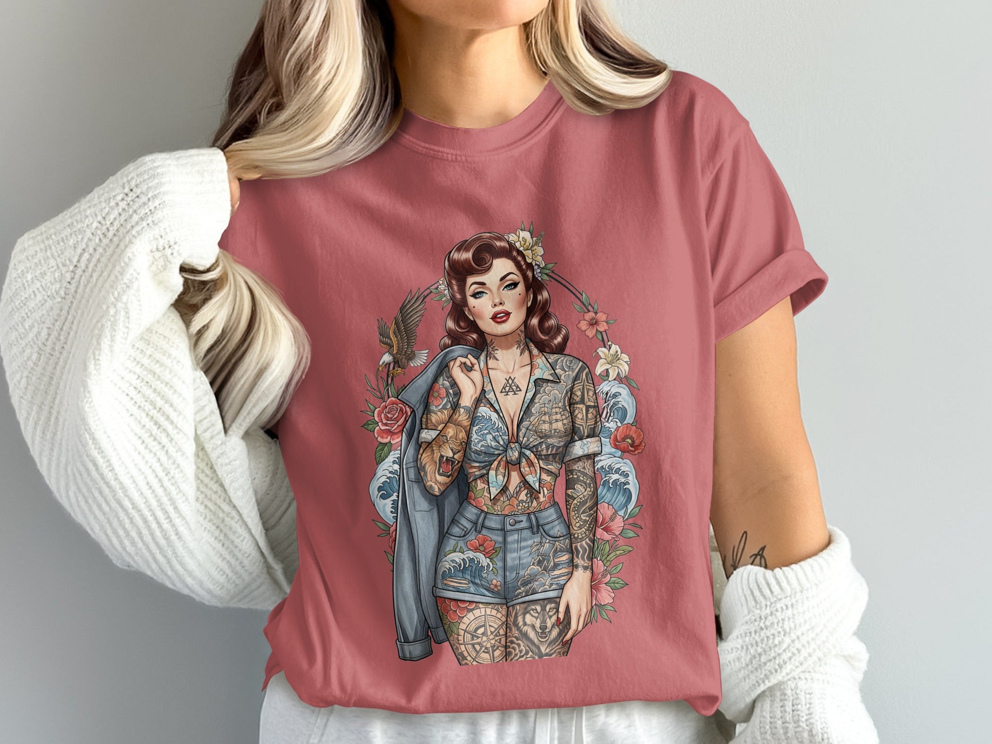 Vintage Pin Up Tattoo Girl Floral Wreath Eagle Waves Product Type