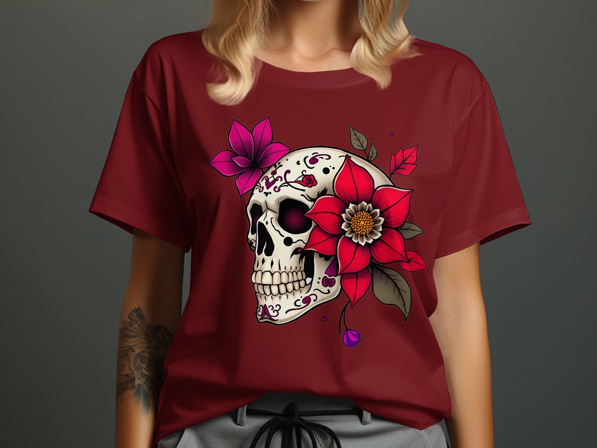 Floral Skull Graphic Design on Burgundy T-Shirt Product
