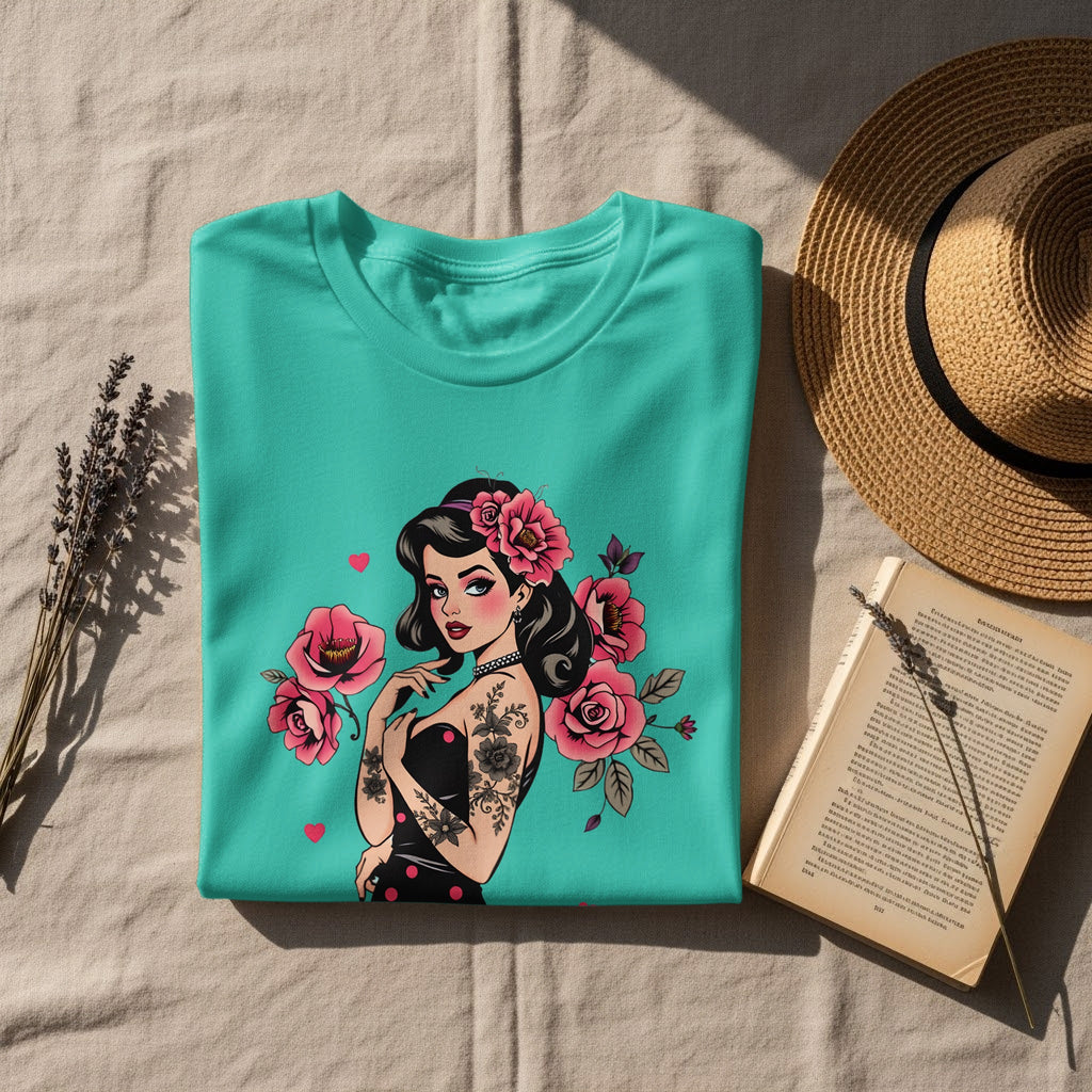Retro Tattooed Pin-Up Girl with Flowers T-Shirt