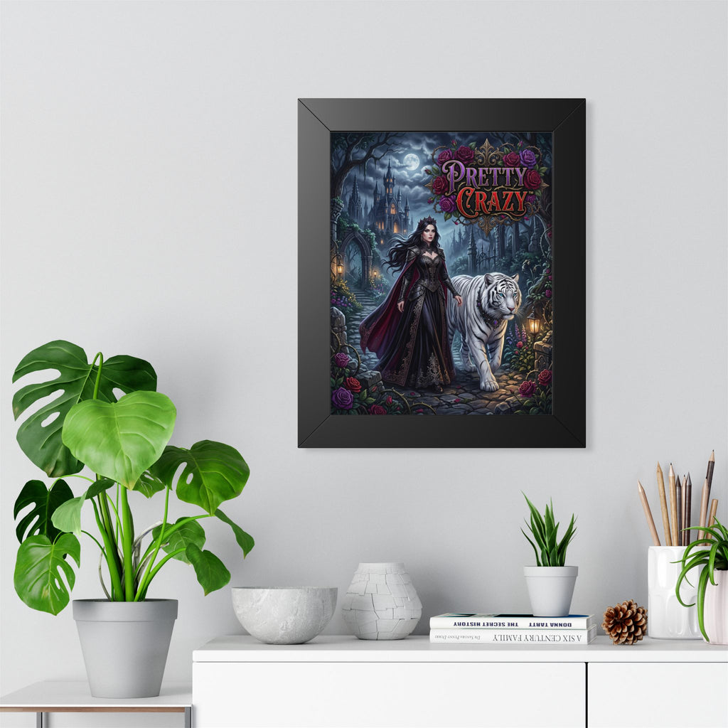 Gothic woman with white tiger in moonlit garden, "PRETTY CRAZY" text.