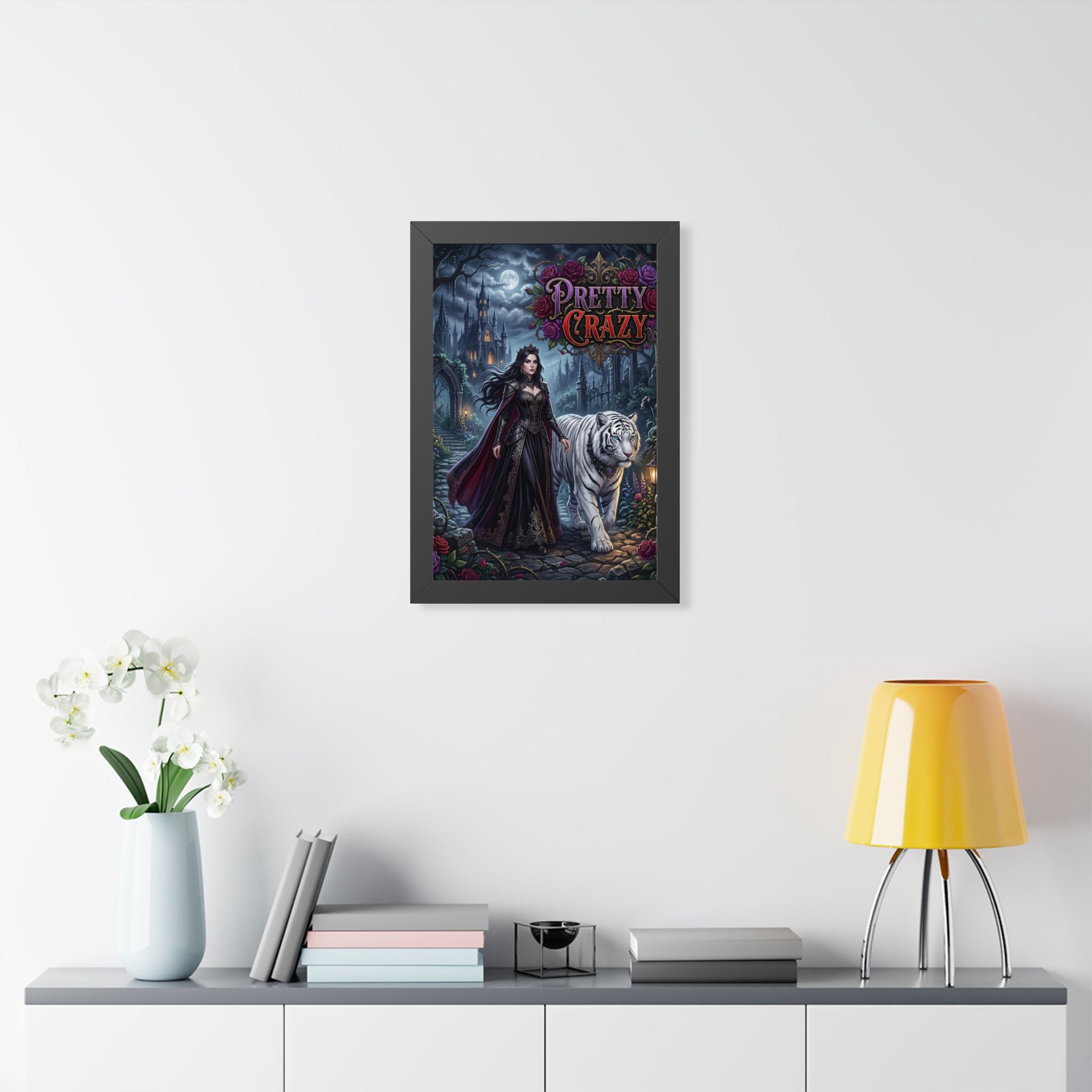 Gothic fantasy art of a woman in a red dress with a white tiger.