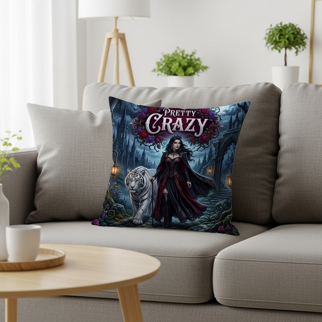 Fantasy art pillow with a woman and white tiger in a gothic scene, text "PRETTY CRAZY".