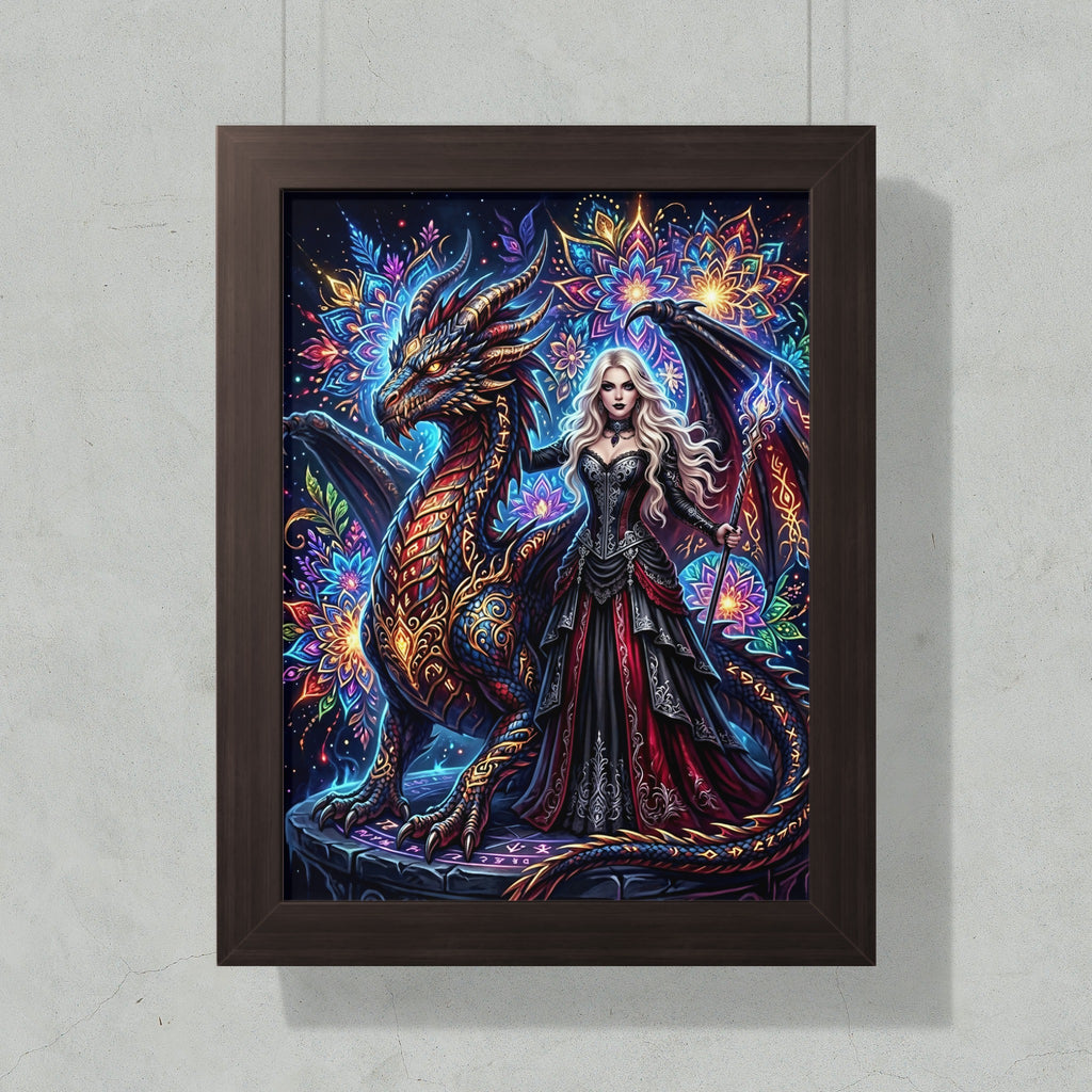 Dragon and woman with ornate, colorful background in framed artwork.