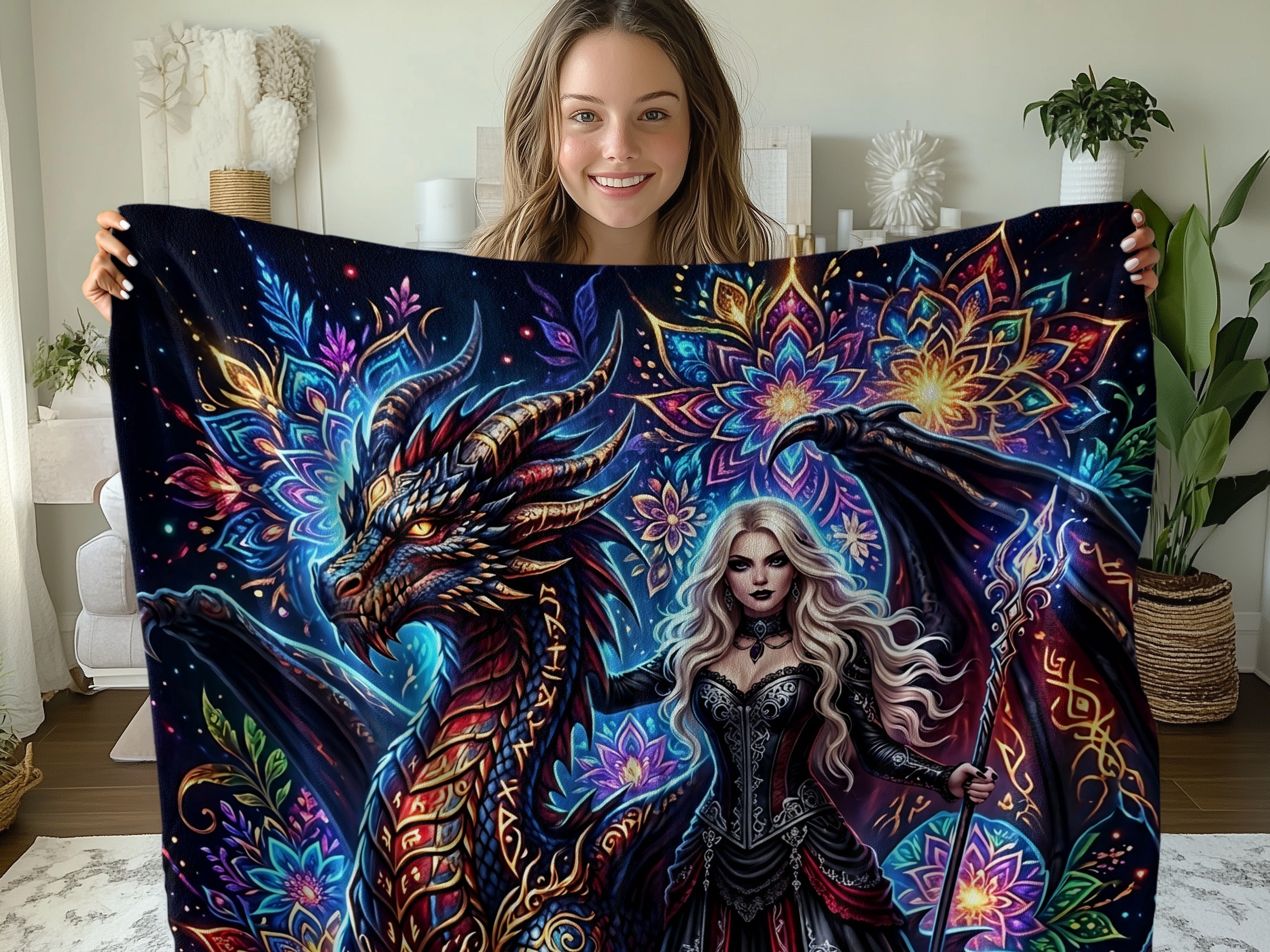 Fantasy woman with dragon and ornate floral patterns on a blanket.