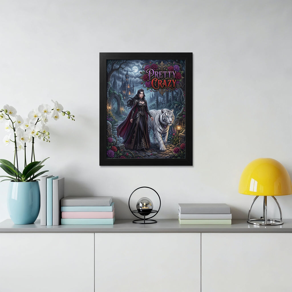 A woman in a black dress walks with a white tiger near a castle under roses.