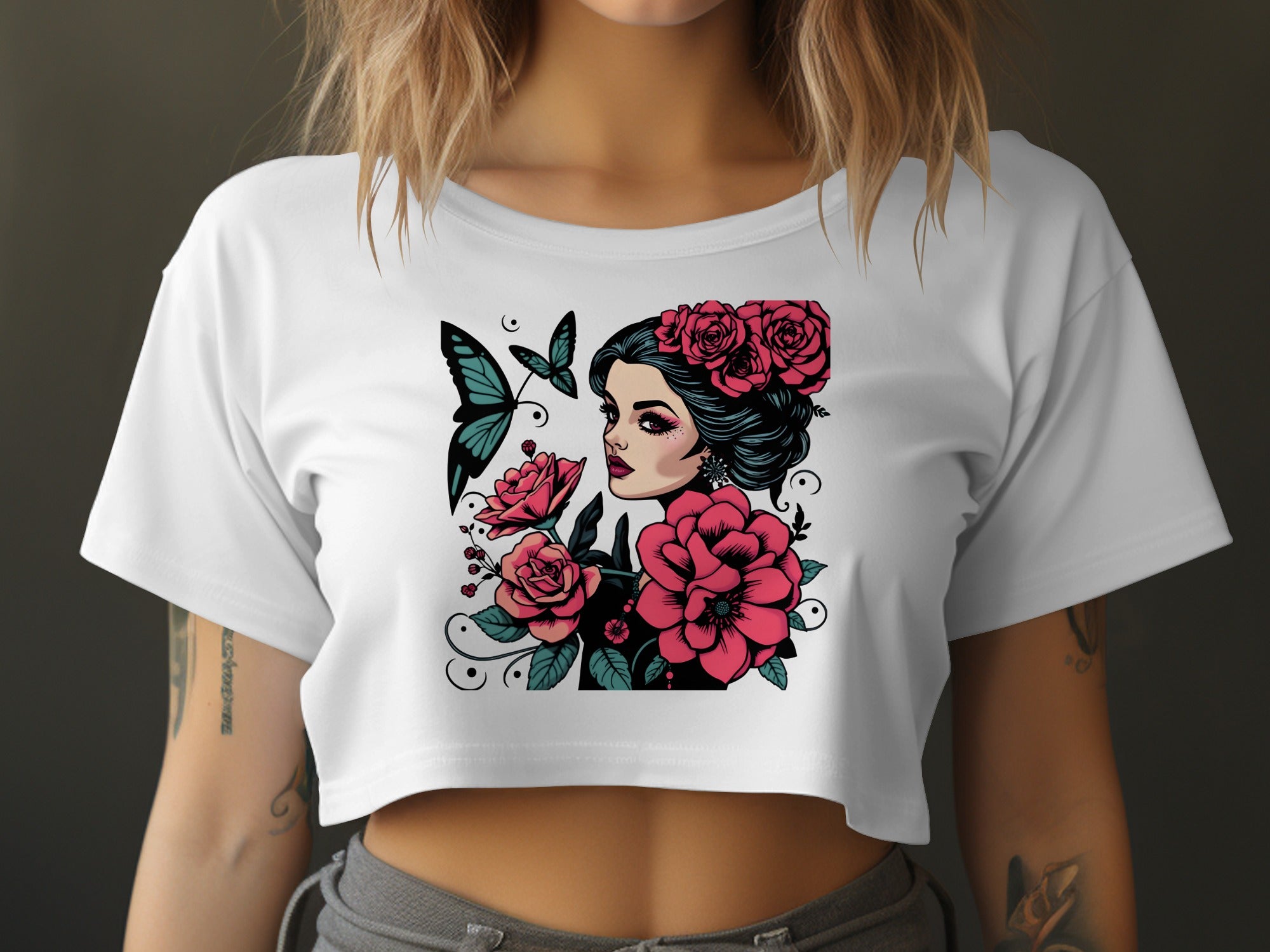 Floral Woman and Butterfly Graphic Print T-shirt