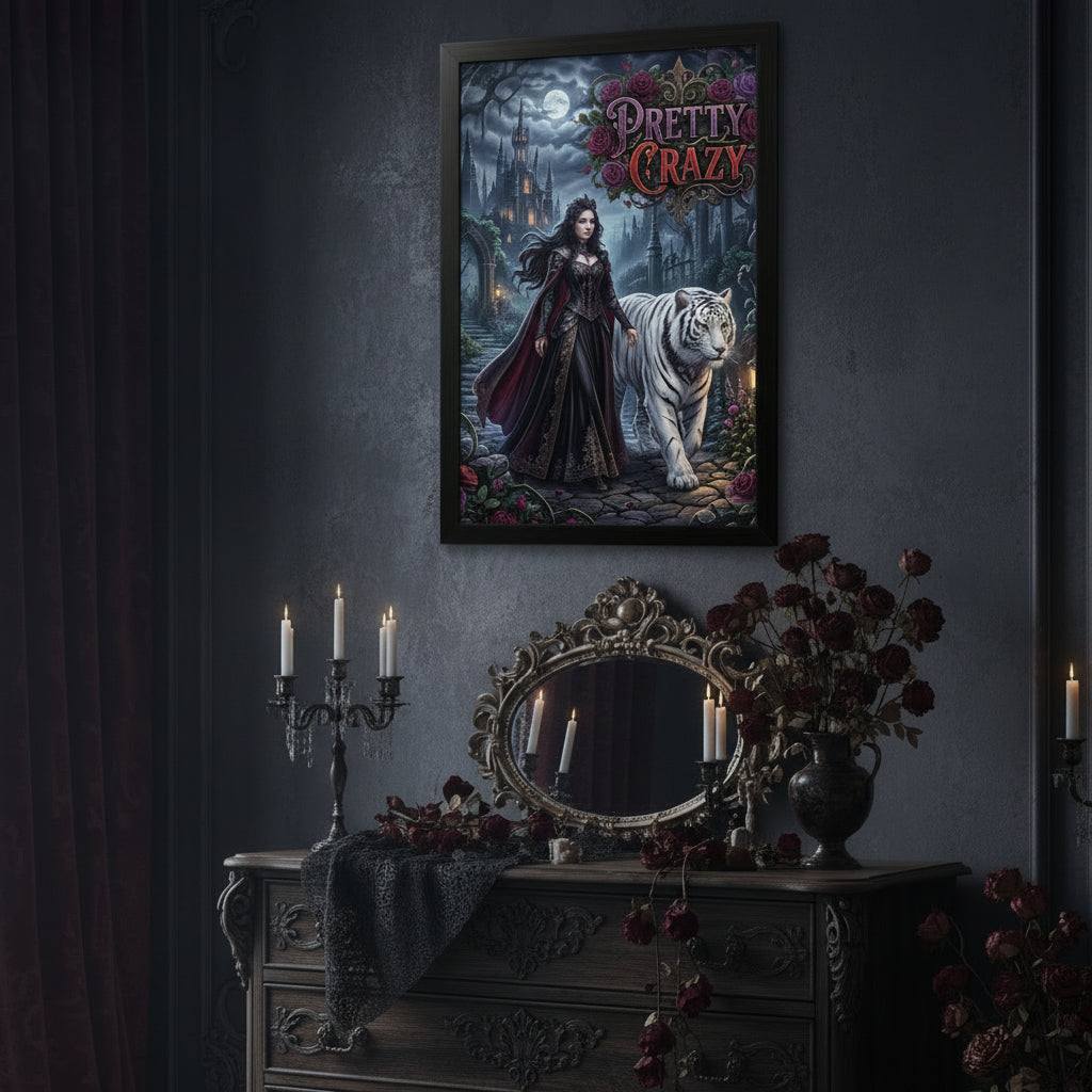Woman in ornate dress with white tiger in front of castle, "Pretty Crazy" title.