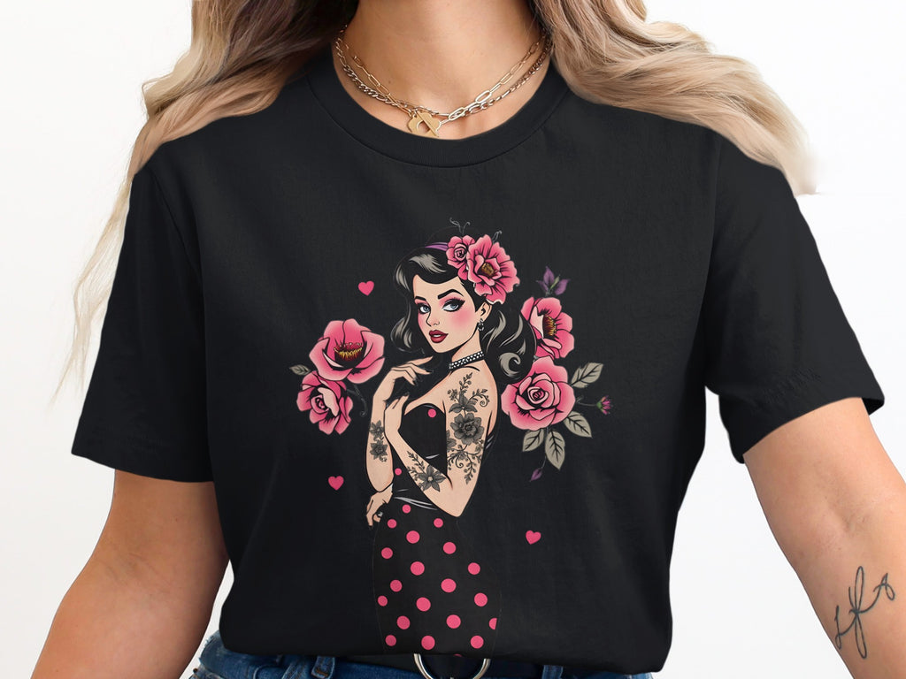 Retro Pin-Up Girl With Roses Graphic T-Shirt