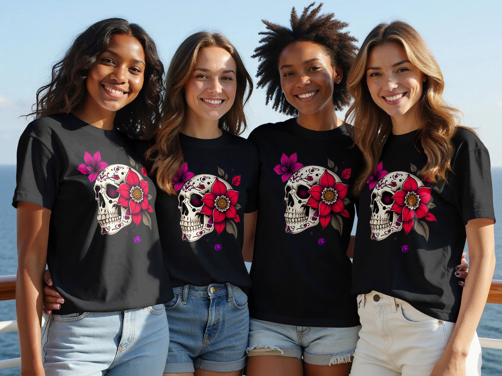 Floral Skull Design Graphic Tee for Casual Wear