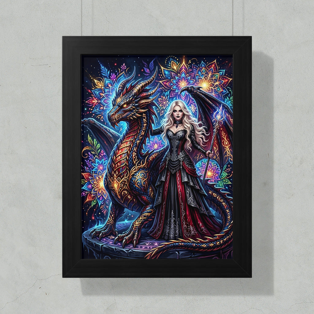 Woman in dark fantasy dress with dragon and colorful mandala background.