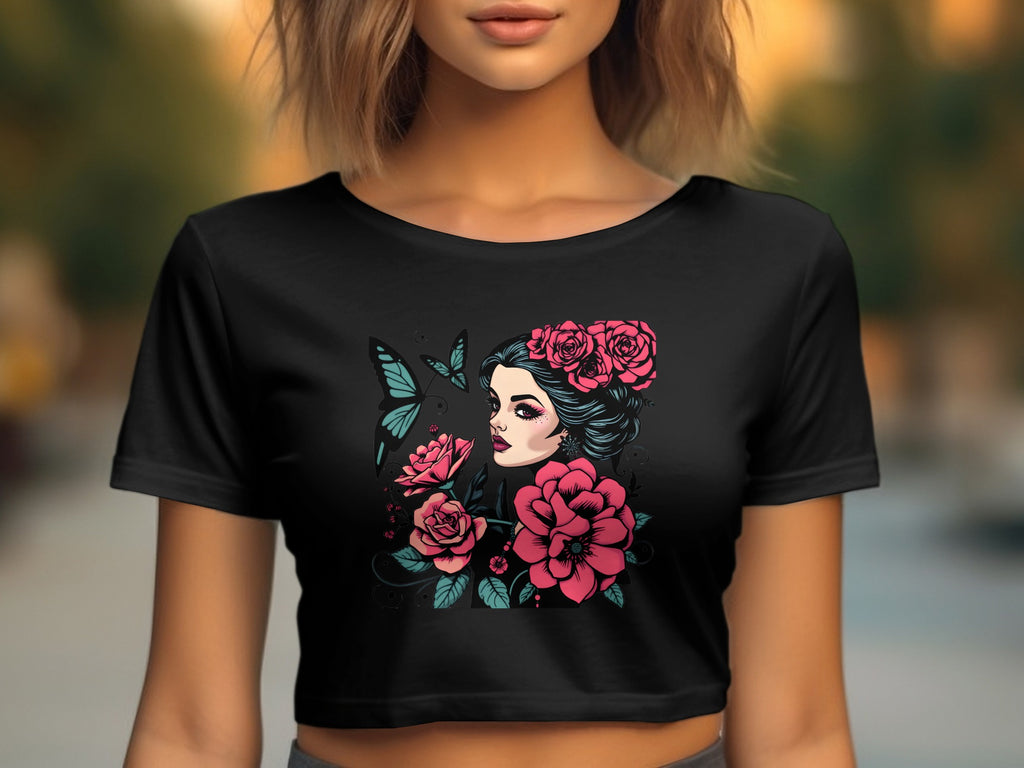 Butterfly And Flowers Graphic Crop Top Shirt Floral