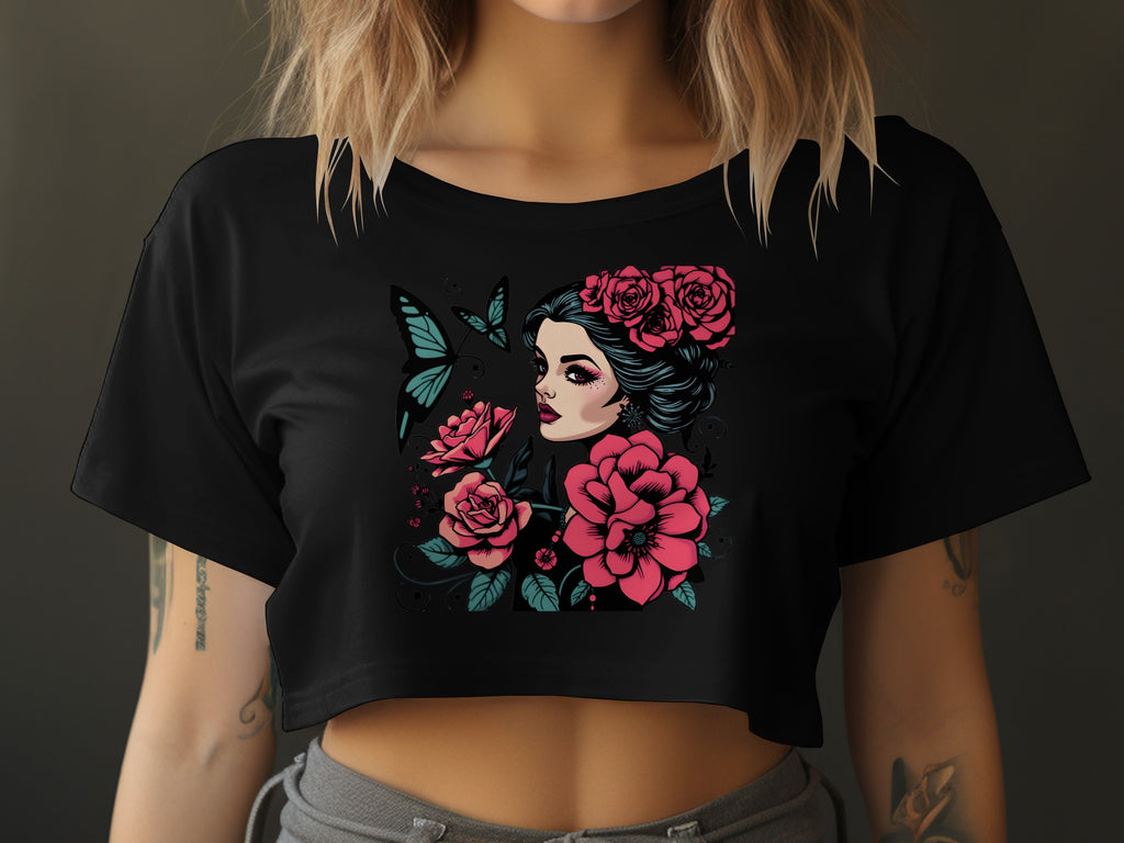 Floral Lady with Butterflies Black Crop Top Shirt