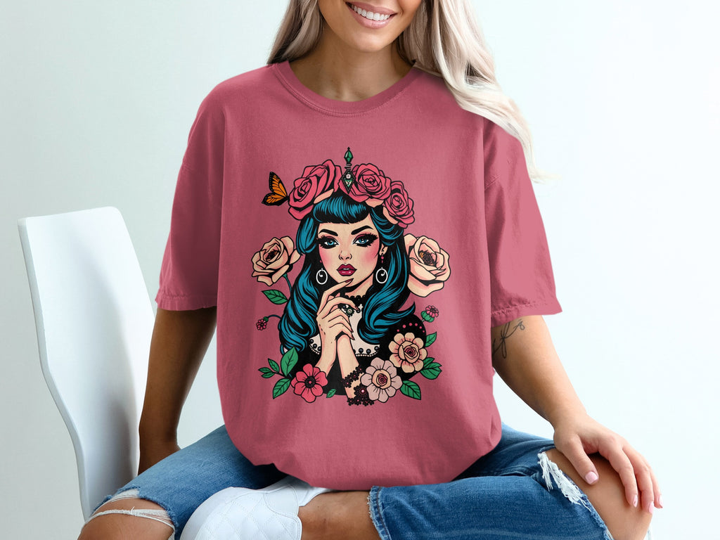 Vintage Floral Tattoo Girl Graphic T-shirt