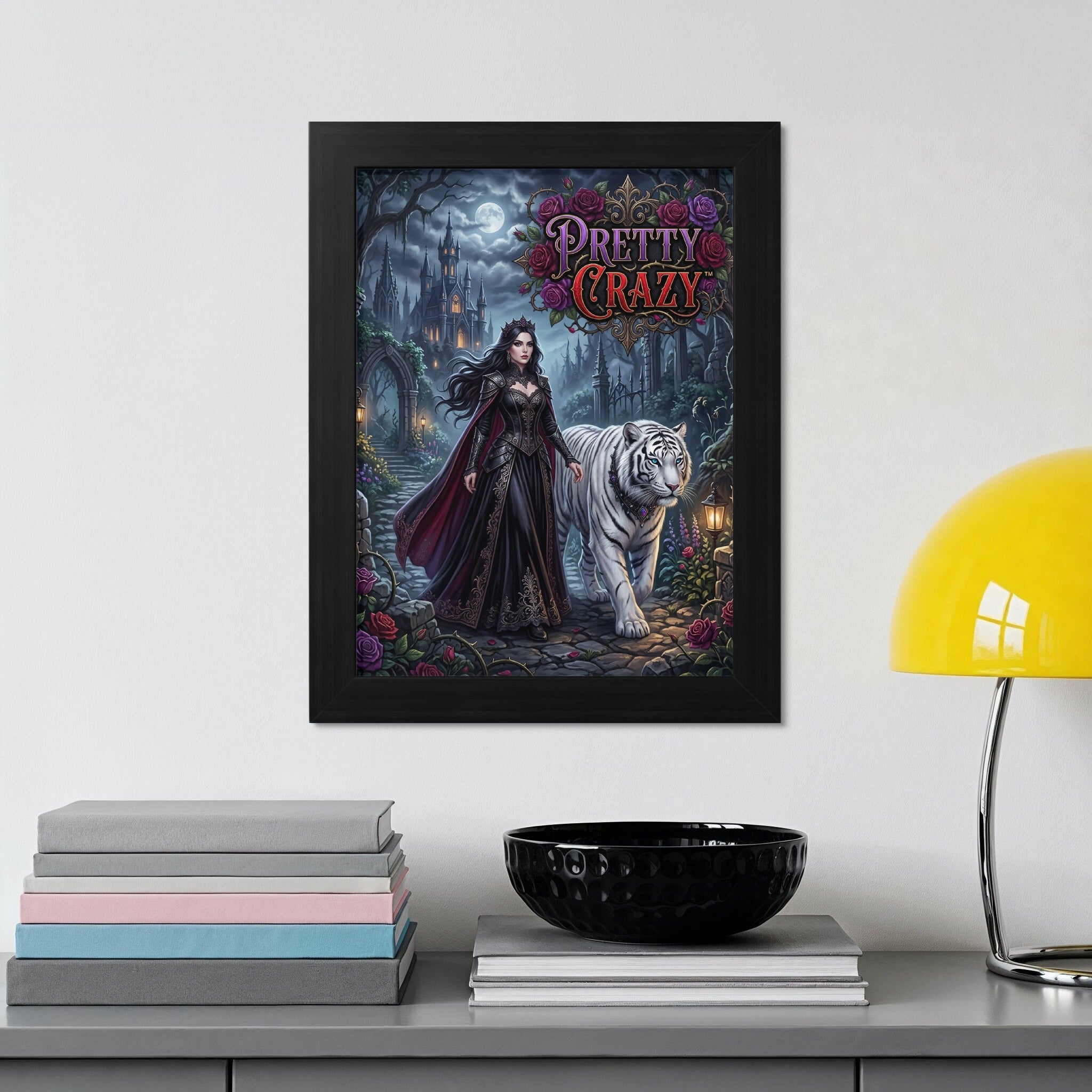 Pretty Crazy artwork featuring a woman and white tiger walking a cobblestone path.