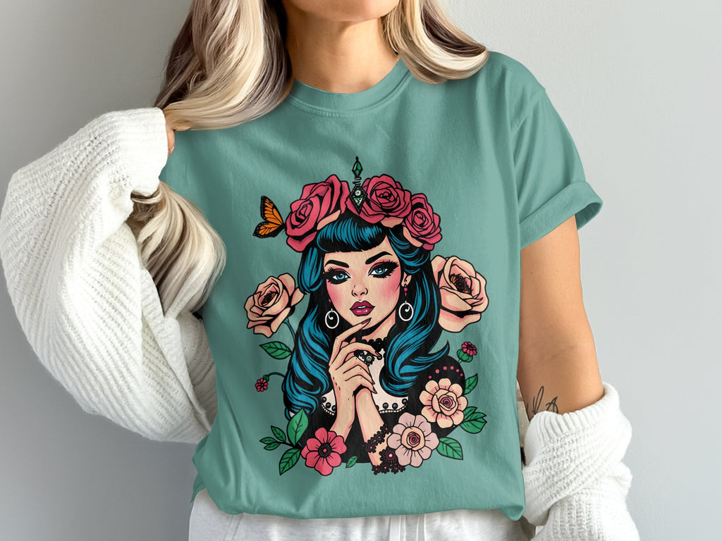 Rose and Butterfly Design Woman with Flowers T-Shirt