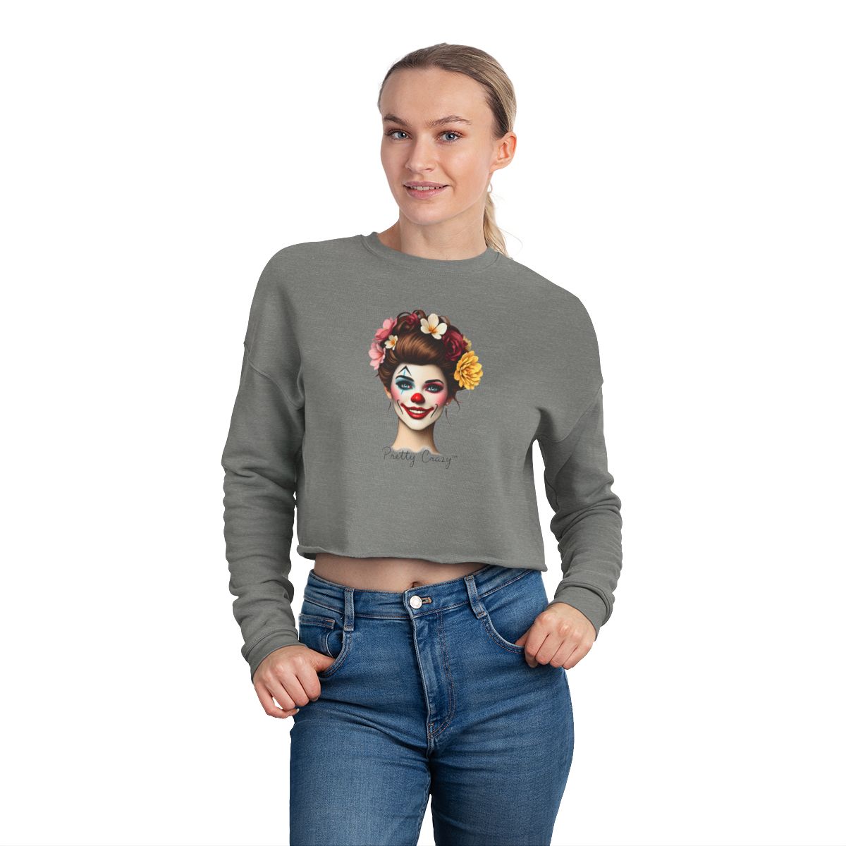 Pretty Crazy Clown Crop Sweatshirt with Flower Design