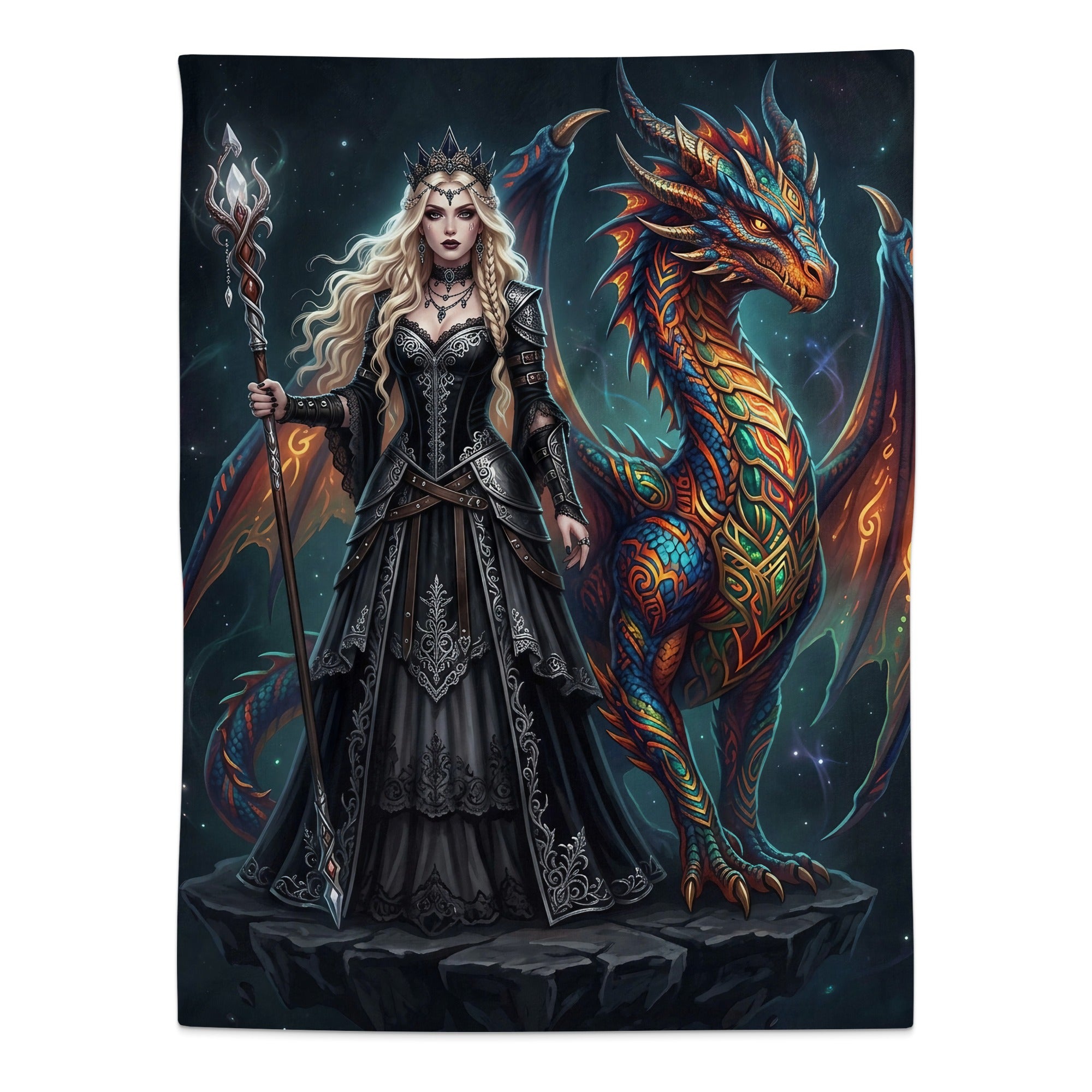 Queen with ornate gown and crown stands next to a colorful dragon.