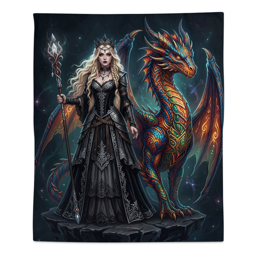 Woman in ornate black dress with staff stands beside a colorful dragon.