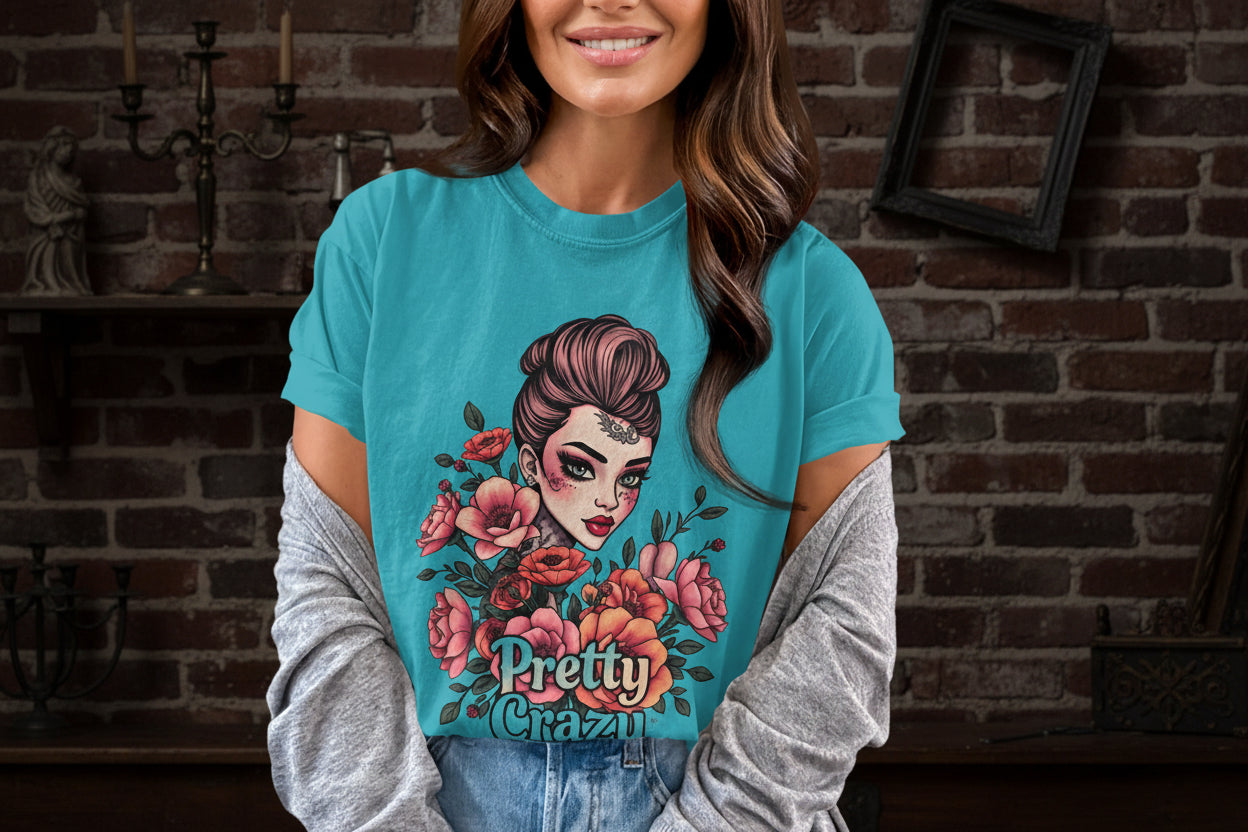 Pretty Crazy Girl with Floral Design T-Shirt