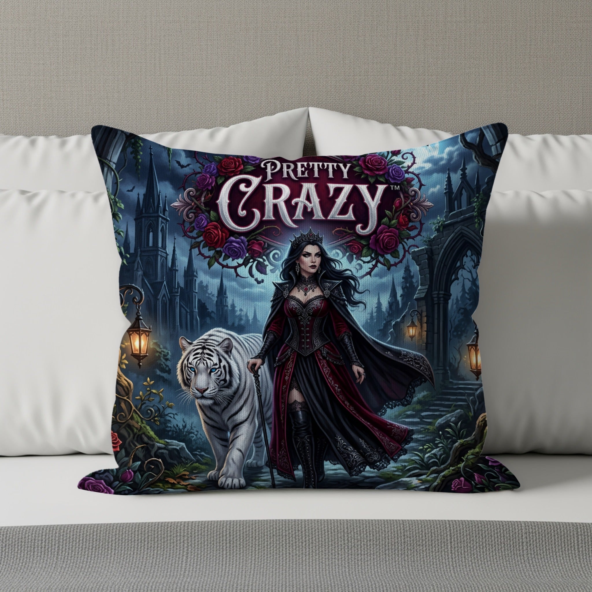 Woman in gothic dress with white tiger outside dark castle, "Pretty Crazy" text.