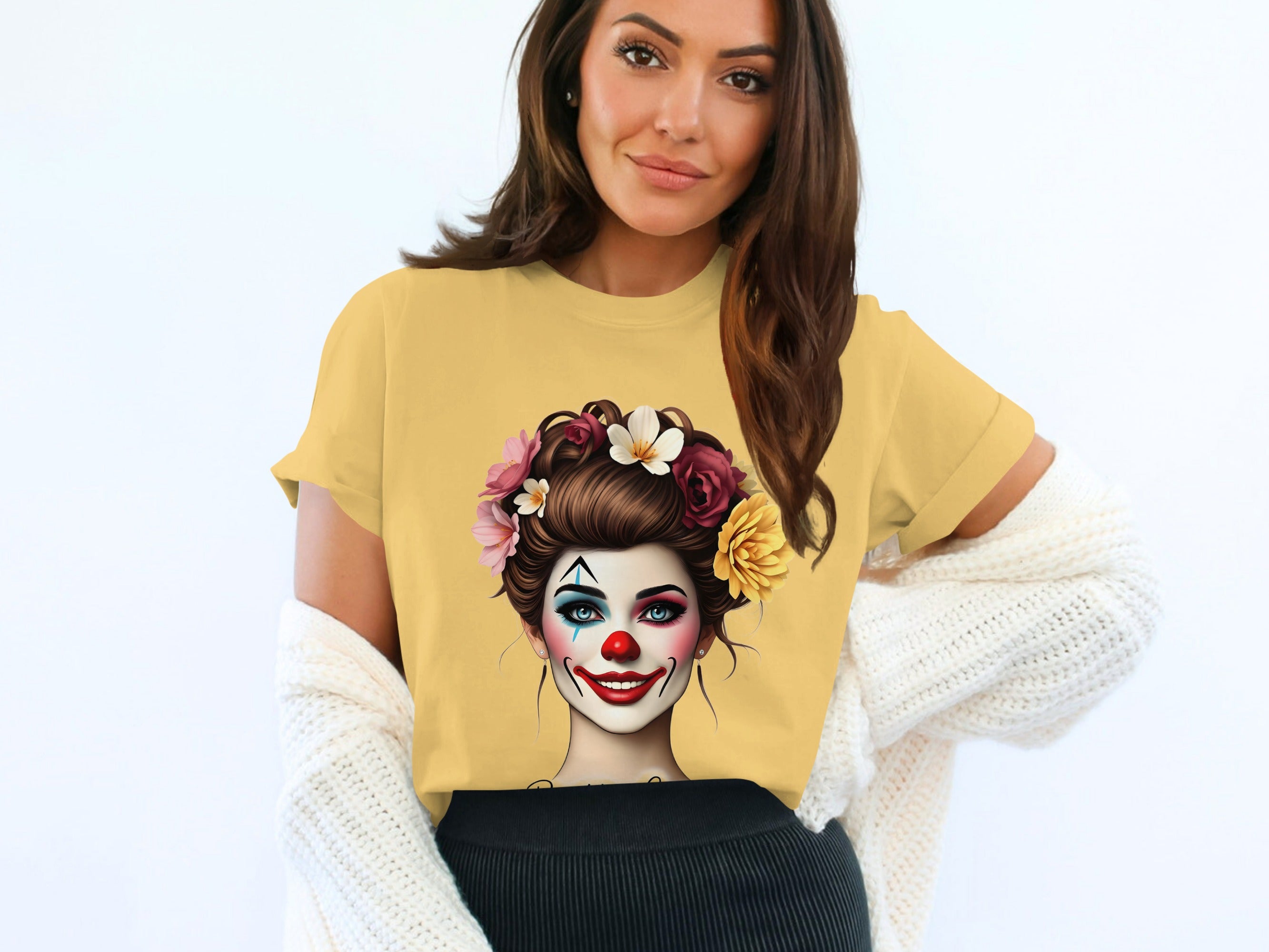 Clown Girl Graphic Printed Yellow T-Shirt